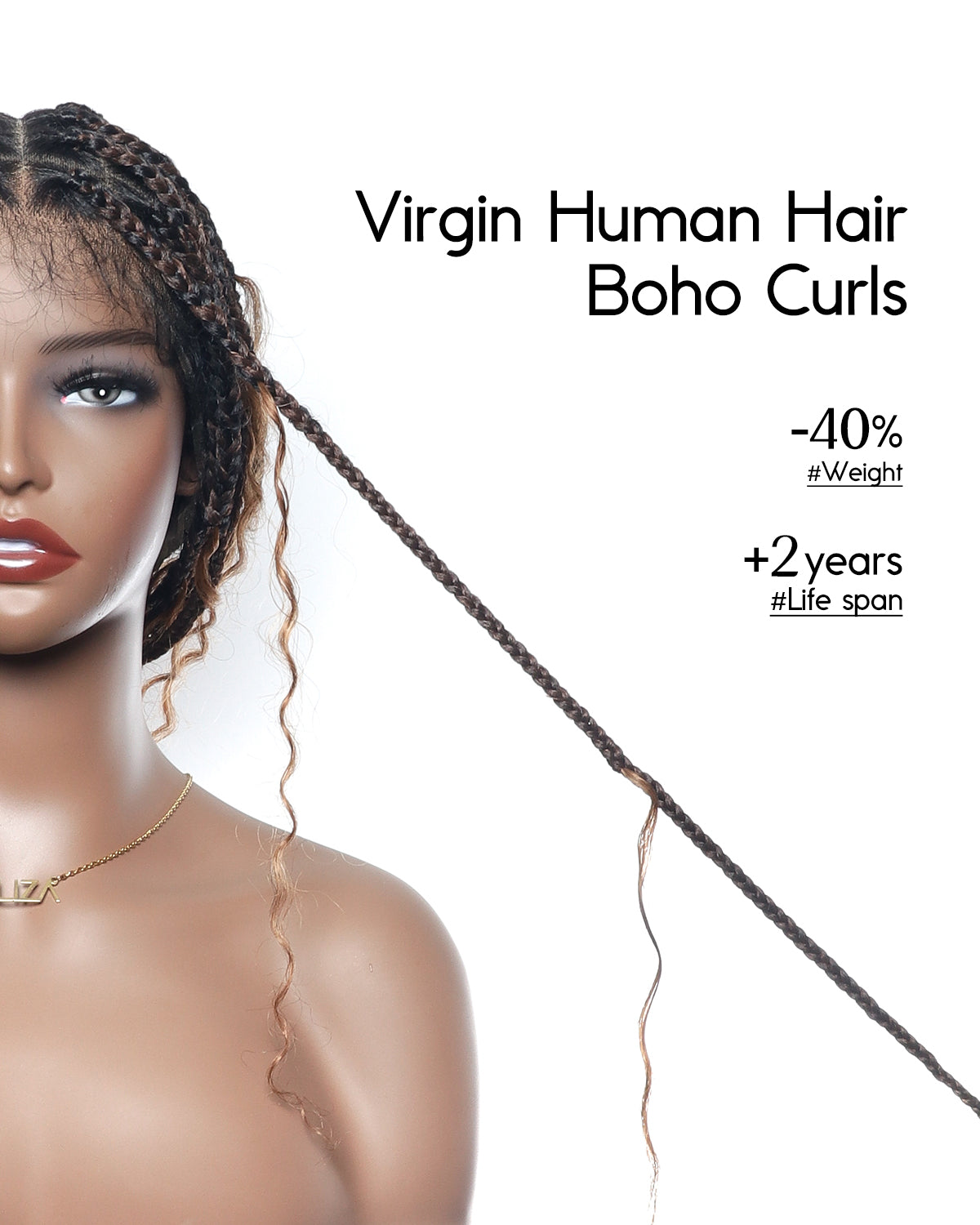 Perruque tressée bohème ondulée en cheveux naturels, confectionnée sur mesure - 121 mèches
