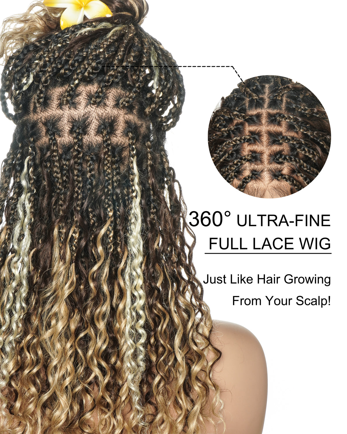 Solana - Cheveux Humains Pré-décolorés Dentelle Suisse HD Mélange Full Lace Couleur 1B 4 30 27 613 Perruque Tressée Boho Style Boho Box en Cheveux Humains