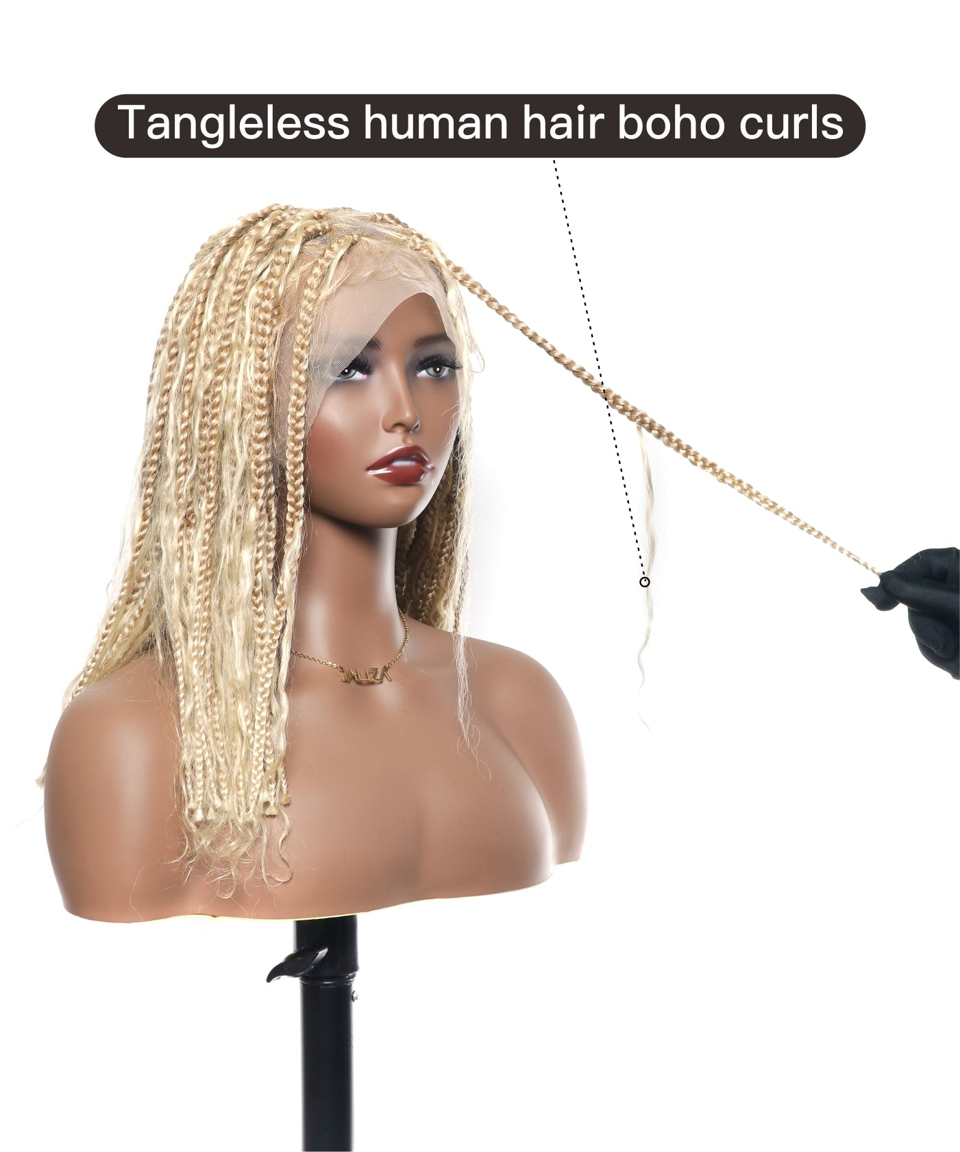 Perruque tressée sans nœuds 102 mèches, base triangulaire haute densité, boucles bohèmes, cheveux humains 14"
