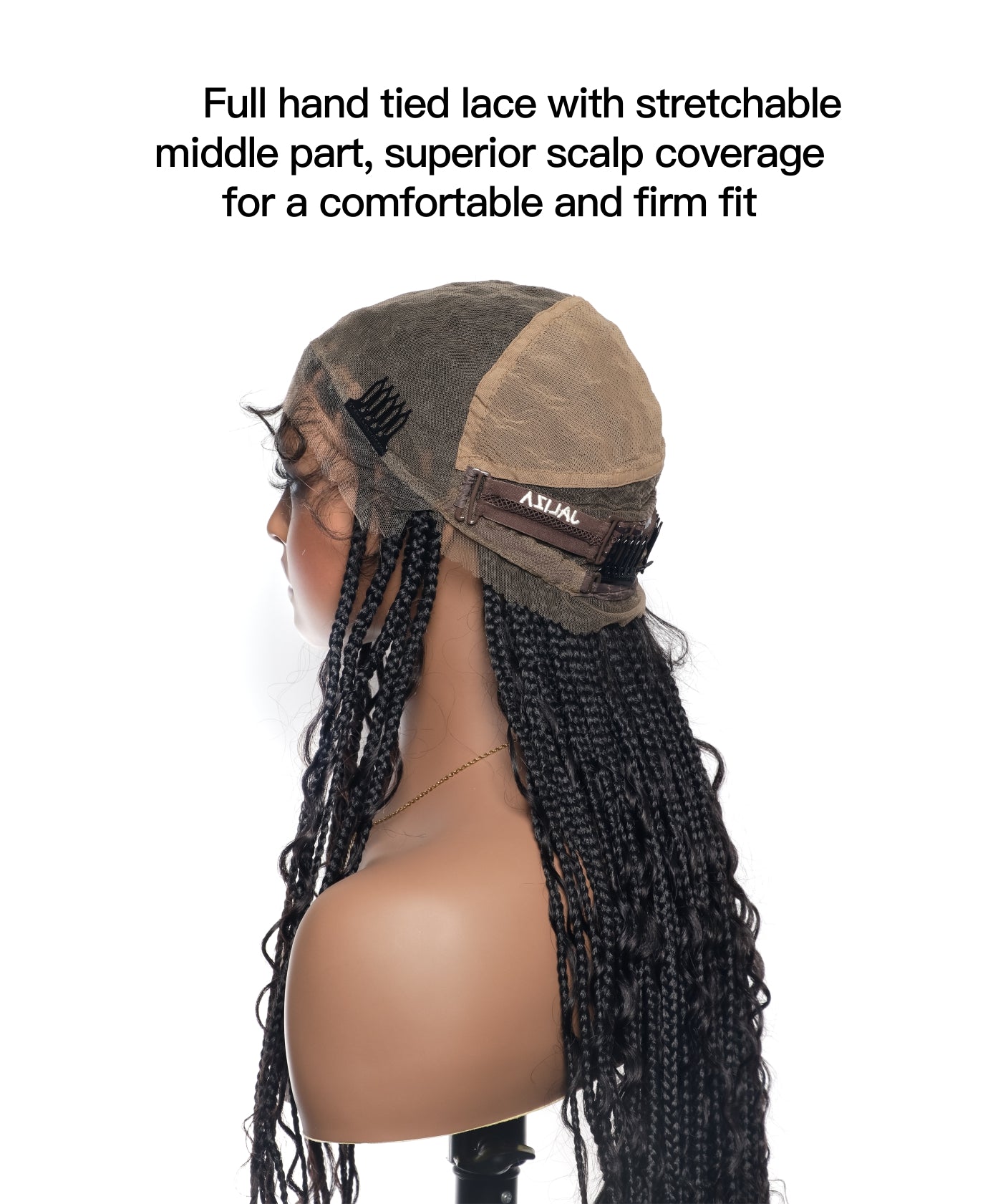 Perruque tressée sans nœuds Boho Curls, cheveux humains sans emmêlement, 32", dentelle HD, 100 mèches - Confort Plus / Dentelle extensible à raccord interne