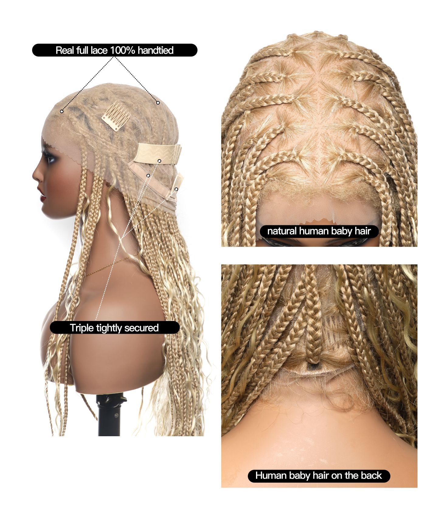 Article en liquidation - Perruque tressée boîte bohème sans nœuds avec boucles bohèmes, cheveux humains, base triangulaire HD, dentelle intégrale, 36"