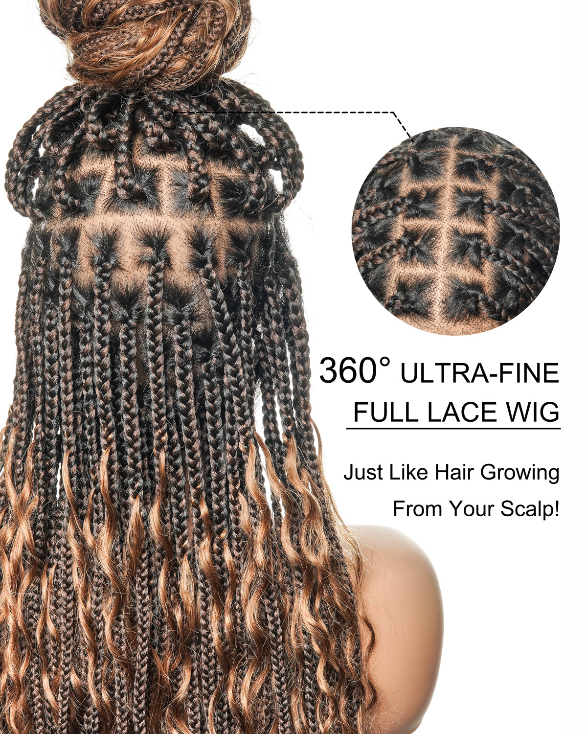 Perruque tressée boîte bohème sans nœuds, 100 % cheveux humains, boucles bohèmes, avec dentelle transparente intégrale et nouée à la main