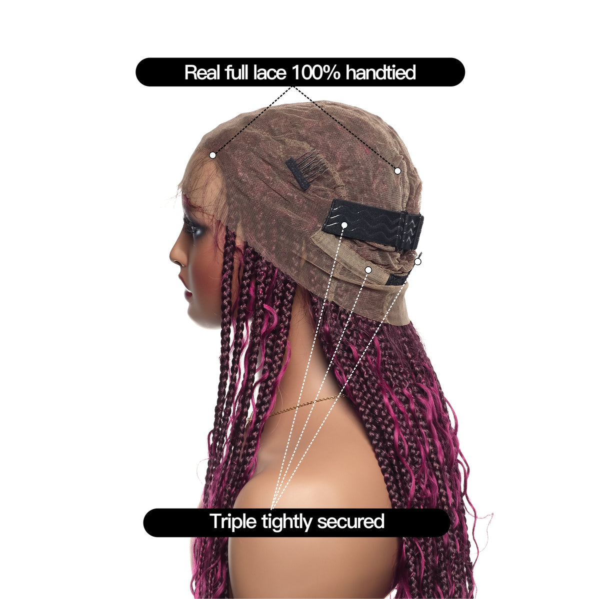 JALIZA 36 inch Burgundy Boho Box Braids Transparent Full Lace Braided Wig (Mannequin - Side View)