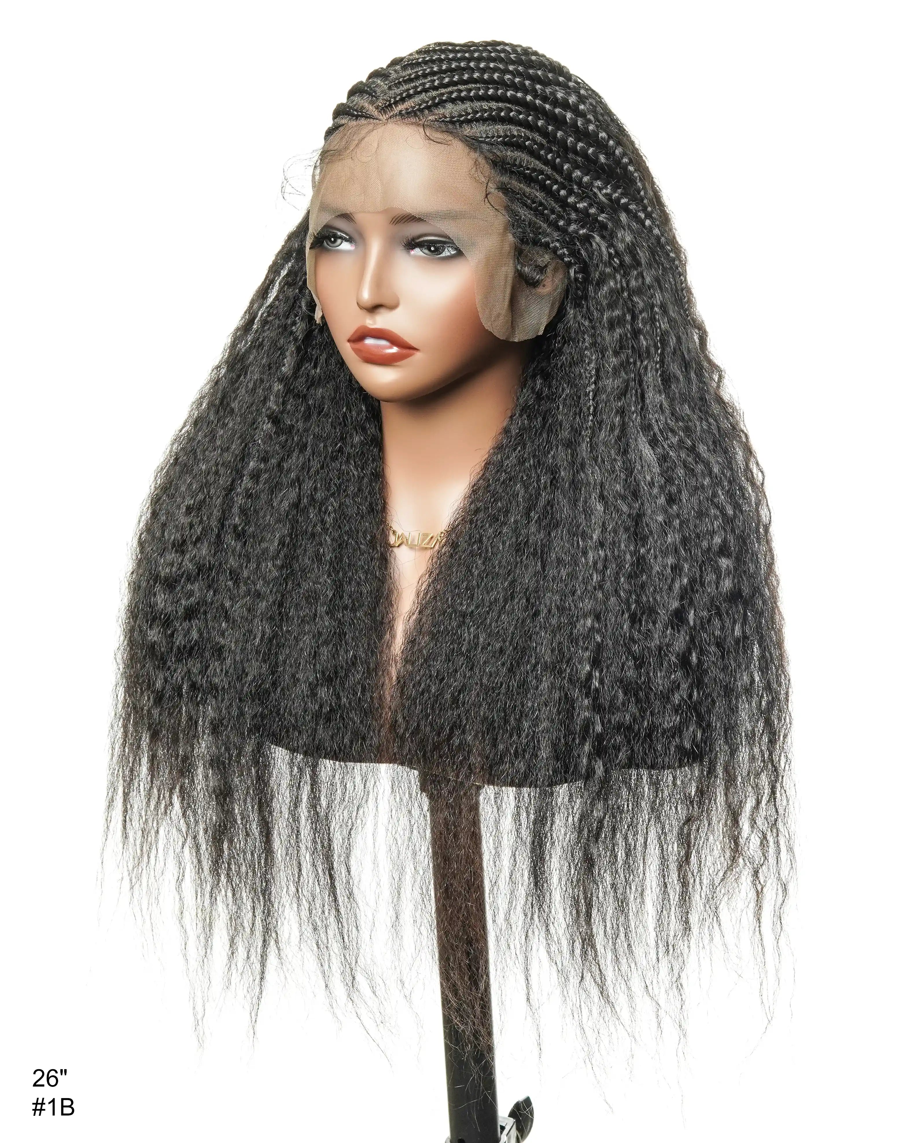 Perruque de 26" avec Couronne Semi-Tressée (Cornrows) Multiple et Cheveux Humains Crépus Extra Volumineux
