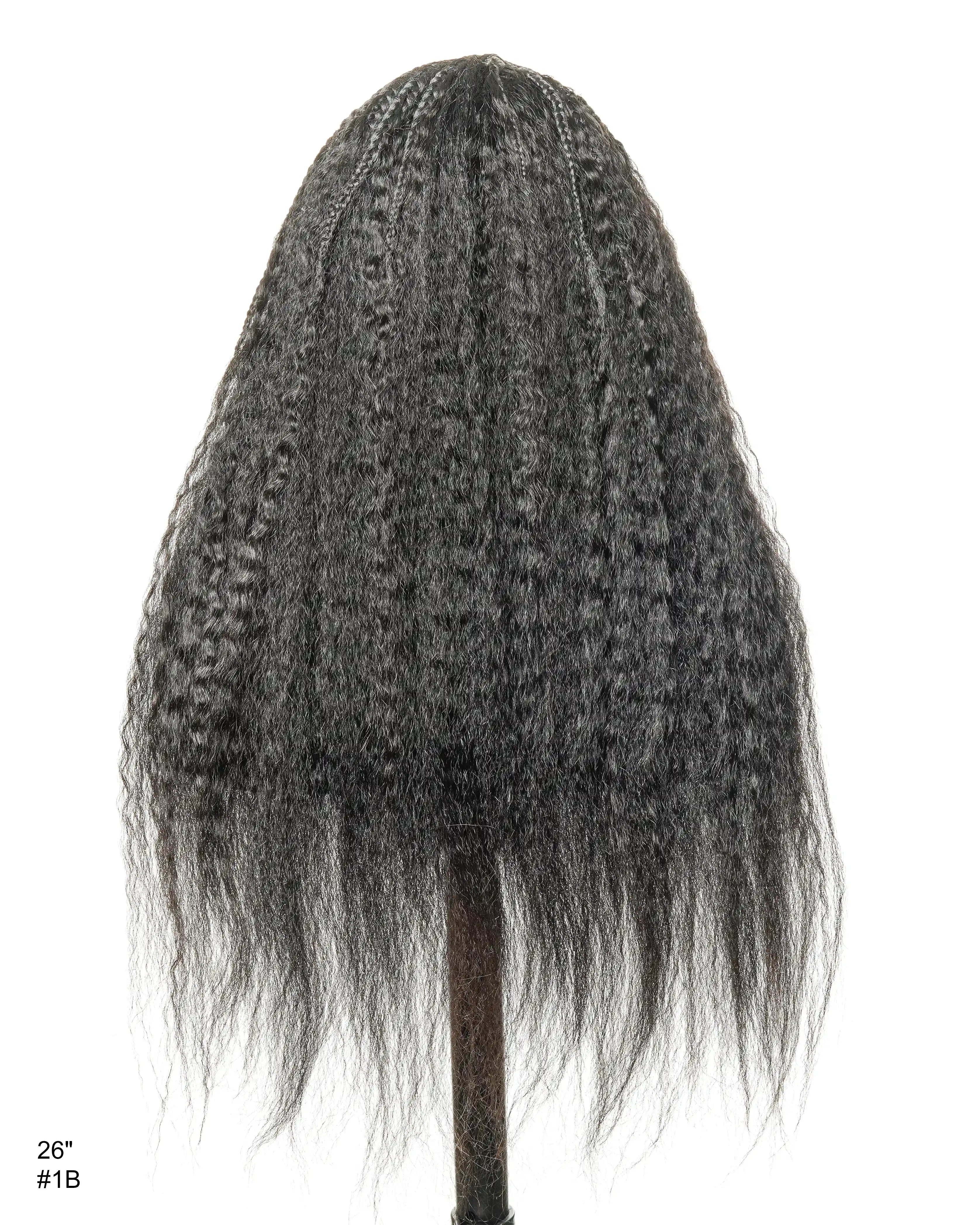 Perruque de 26" avec Couronne Semi-Tressée (Cornrows) Multiple et Cheveux Humains Crépus Extra Volumineux