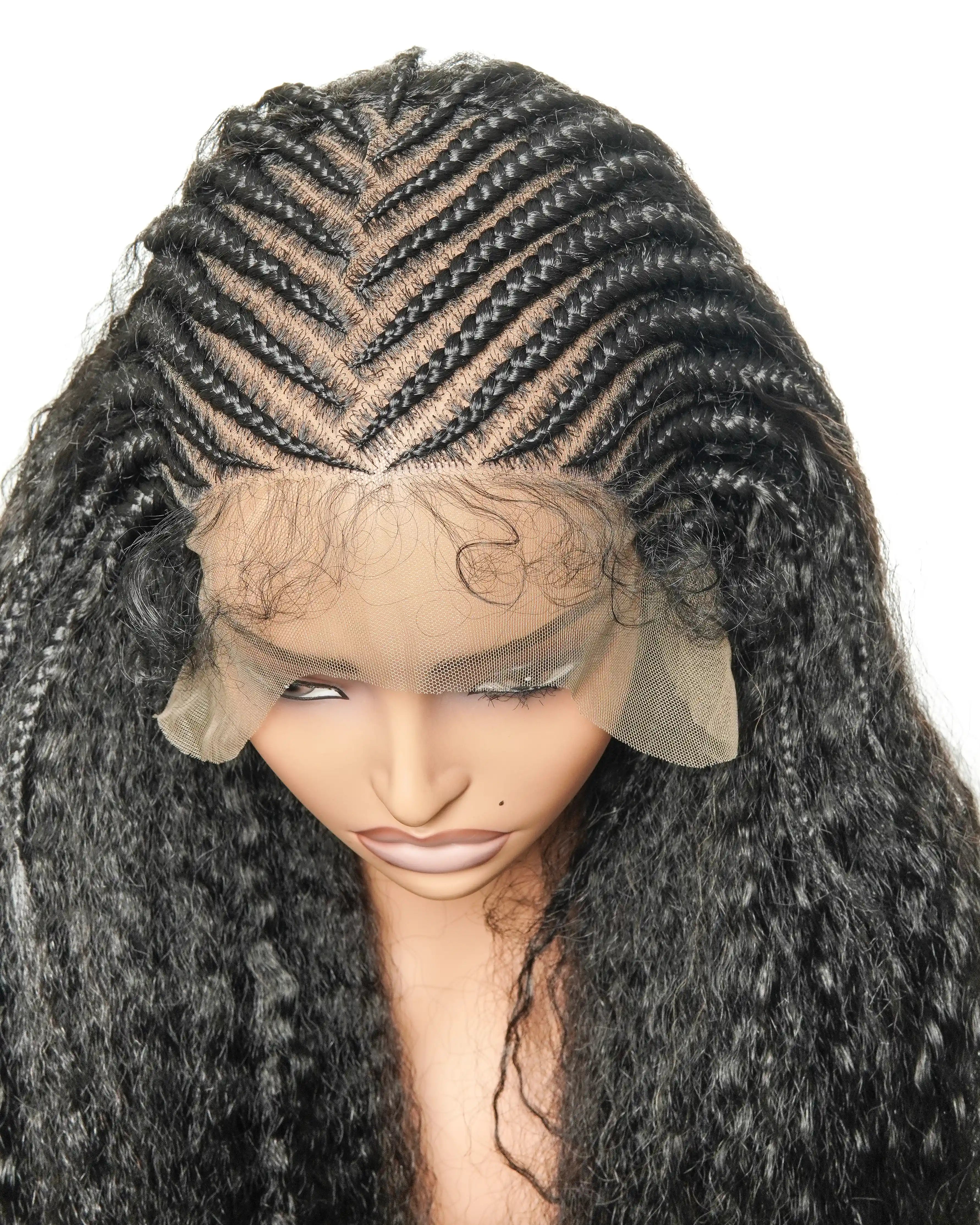 Perruque de 26" avec Couronne Semi-Tressée (Cornrows) Multiple et Cheveux Humains Crépus Extra Volumineux