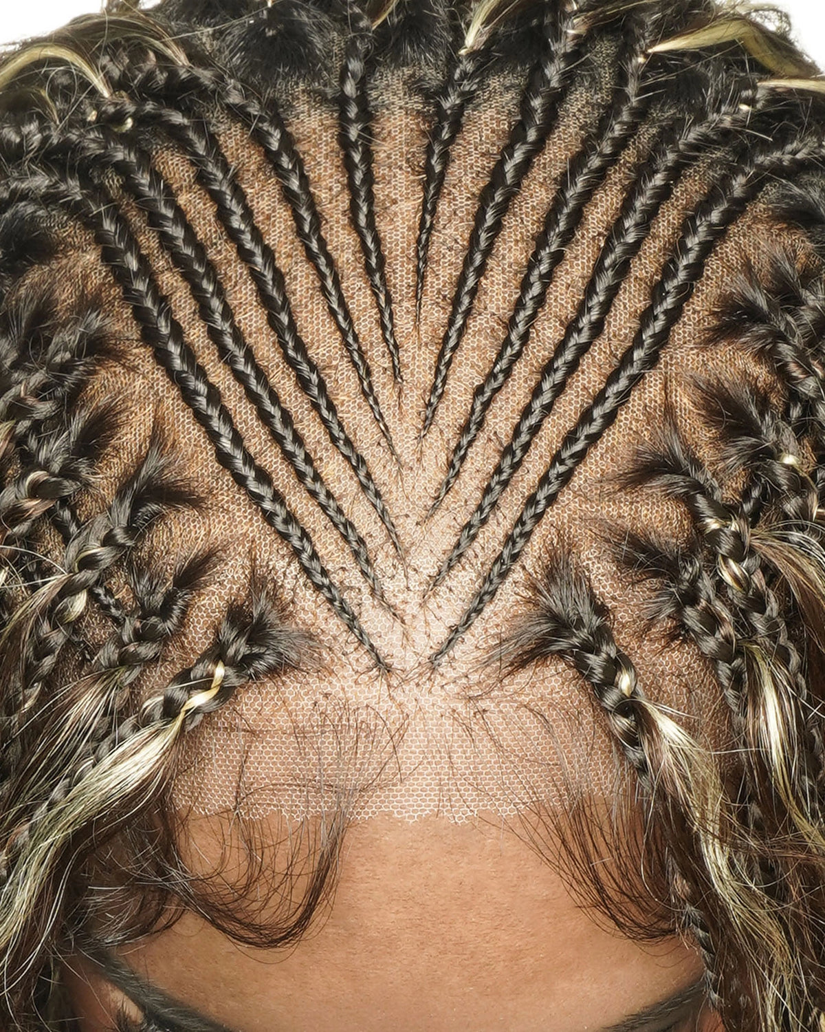 Avery - Perruque Tressée Complète en Cheveux Humains Pré-décolorés en 2 Étapes, Modèle Cornrows, avec Boucles Boho