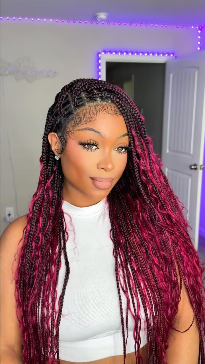 Human Hair Boho Box HD Lace Braided Wig 36 Inches 100 Strands - Light Burgundy
