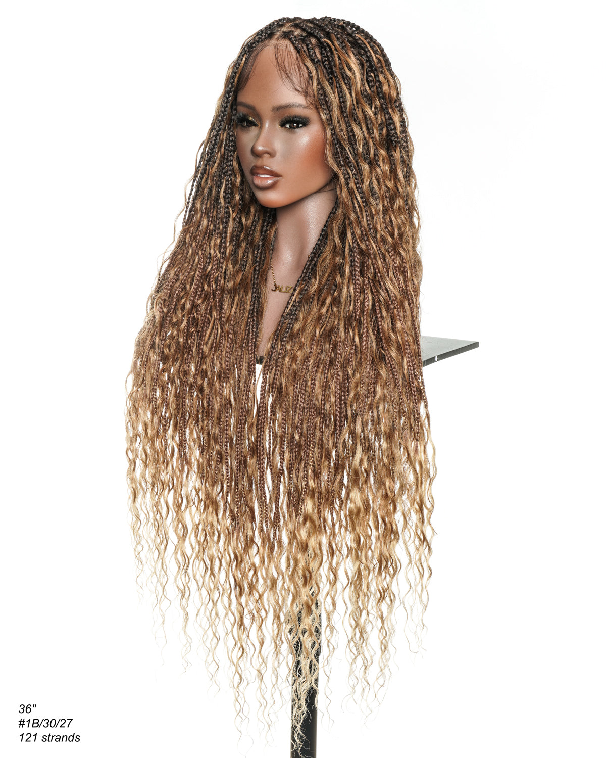 Perruque tressée boîte bohème avec boucles en cheveux humains pré-décolorés, 36 pouces, couleur mélangée 1B 30 27, 121 mèches