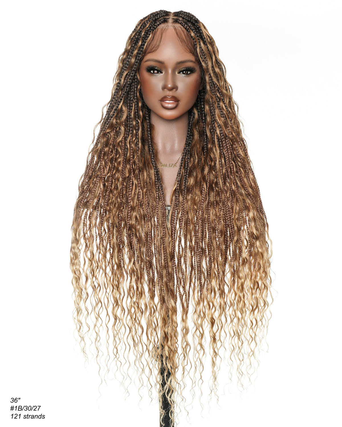 Perruque tressée boîte bohème avec boucles en cheveux humains pré-décolorés, 36 pouces, couleur mélangée 1B 30 27, 121 mèches