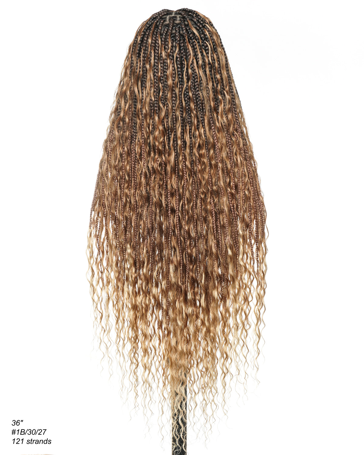 Perruque tressée boîte bohème avec boucles en cheveux humains pré-décolorés, 36 pouces, couleur mélangée 1B 30 27, 121 mèches