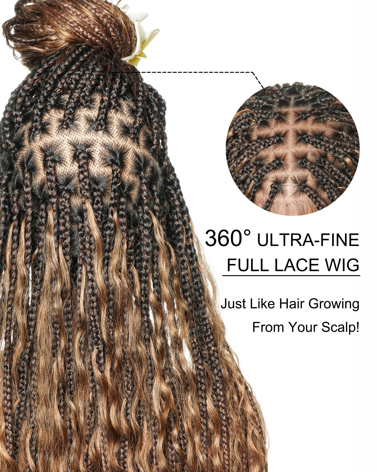 Perruque tressée boîte bohème avec boucles en cheveux humains pré-décolorés, 36 pouces, couleur mélangée 1B 30 27, 121 mèches