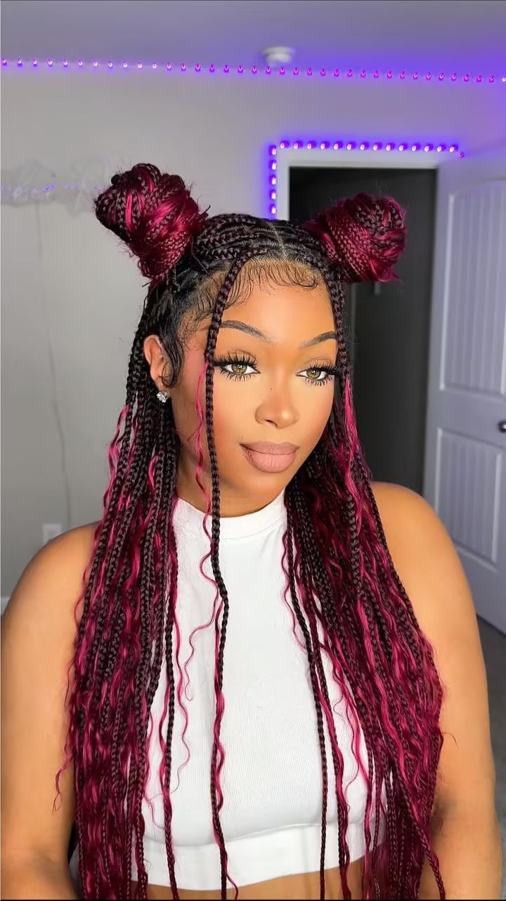 Perruque tressée Human Hair Boho Box en dentelle HD 36 pouces 100 mèches - Bordeaux clair
