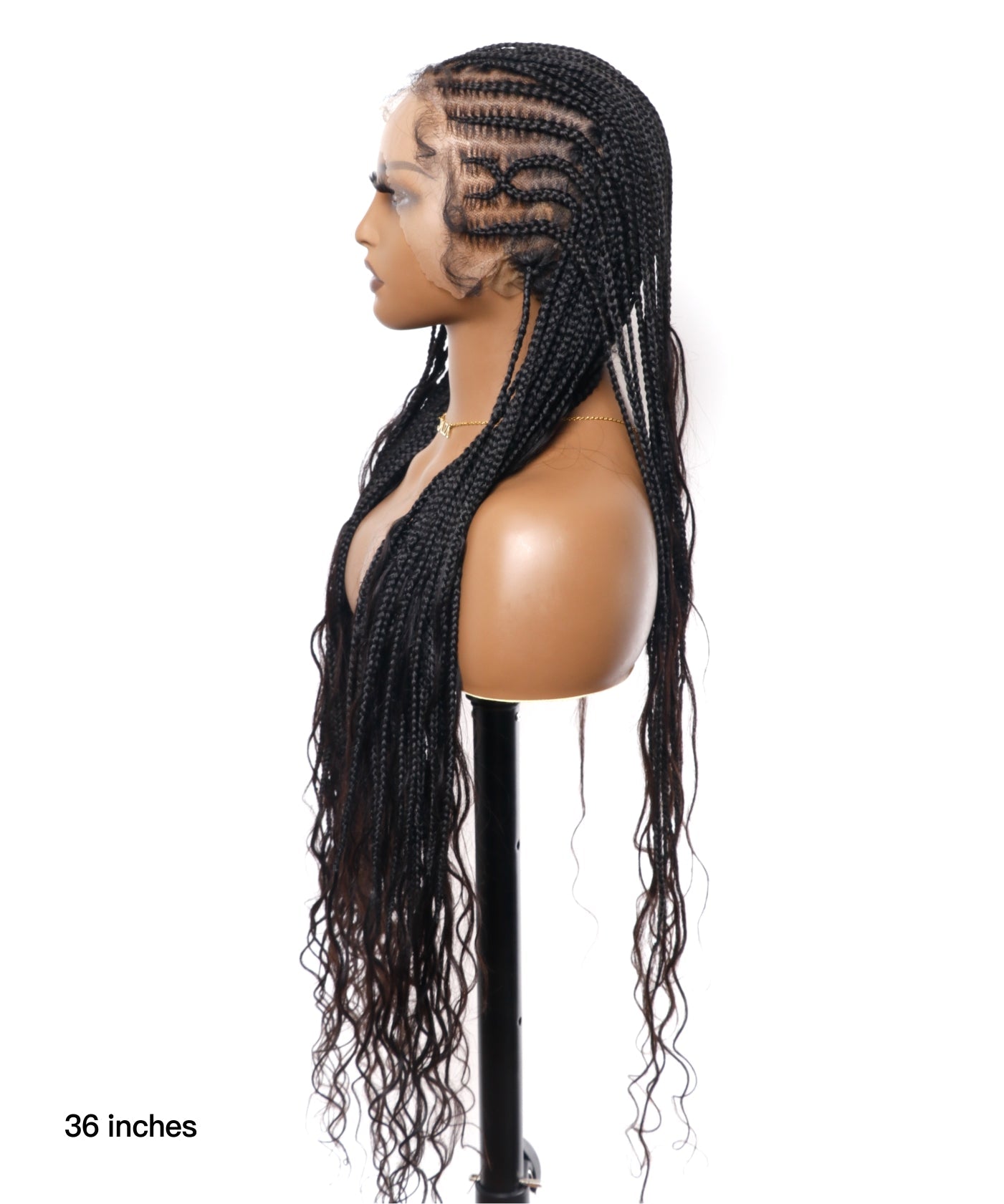 Perruque tressée sans enchevêtrement avec cheveux humains pré-décolorés, lace box braids, cornrows, et boucles bohèmes – 79 mèches