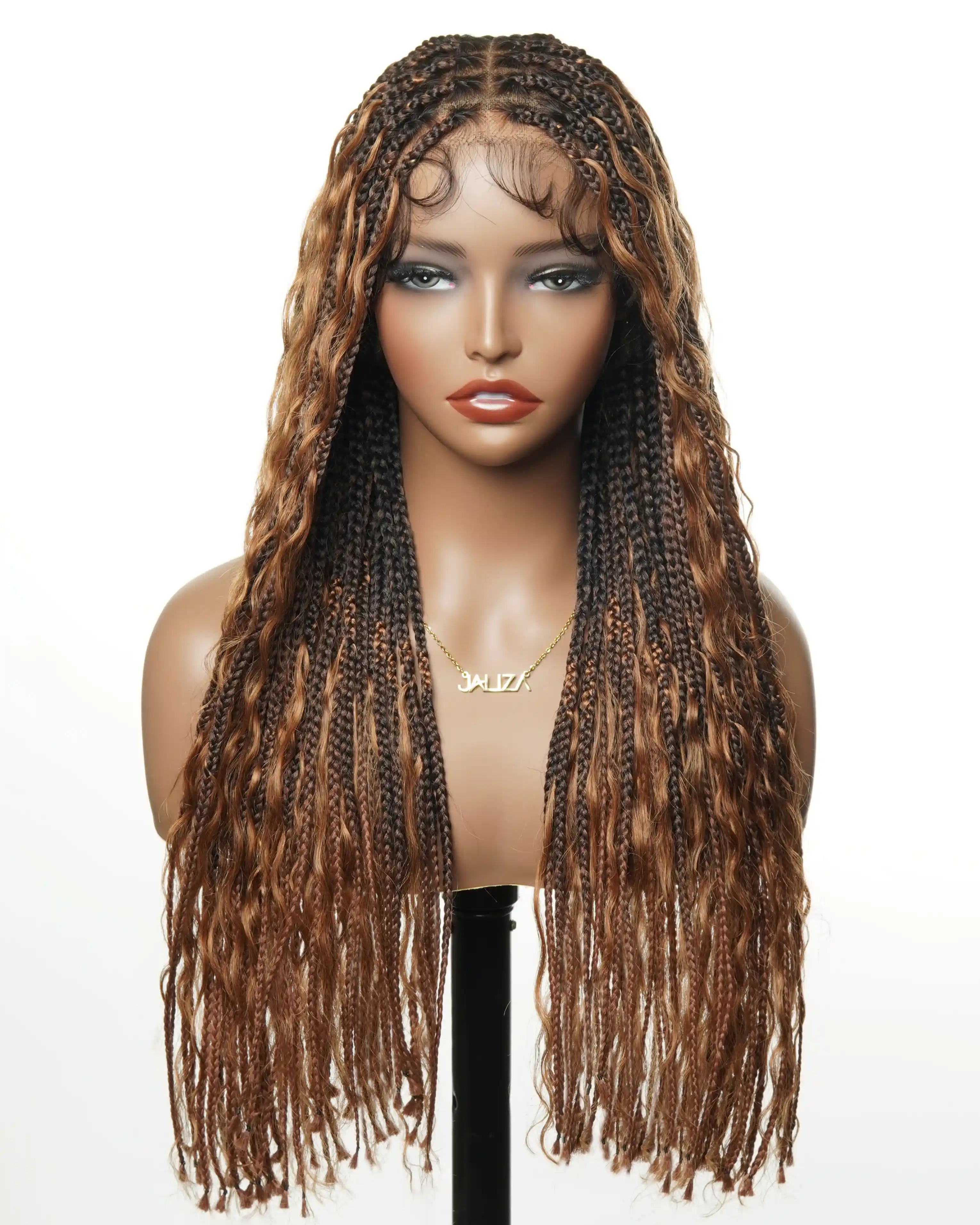 Perruque tressée de type "Boho Box Braided" avec 88 mèches nouées en dentelle, cheveux humains décolorés à l'avance de 24 pouces