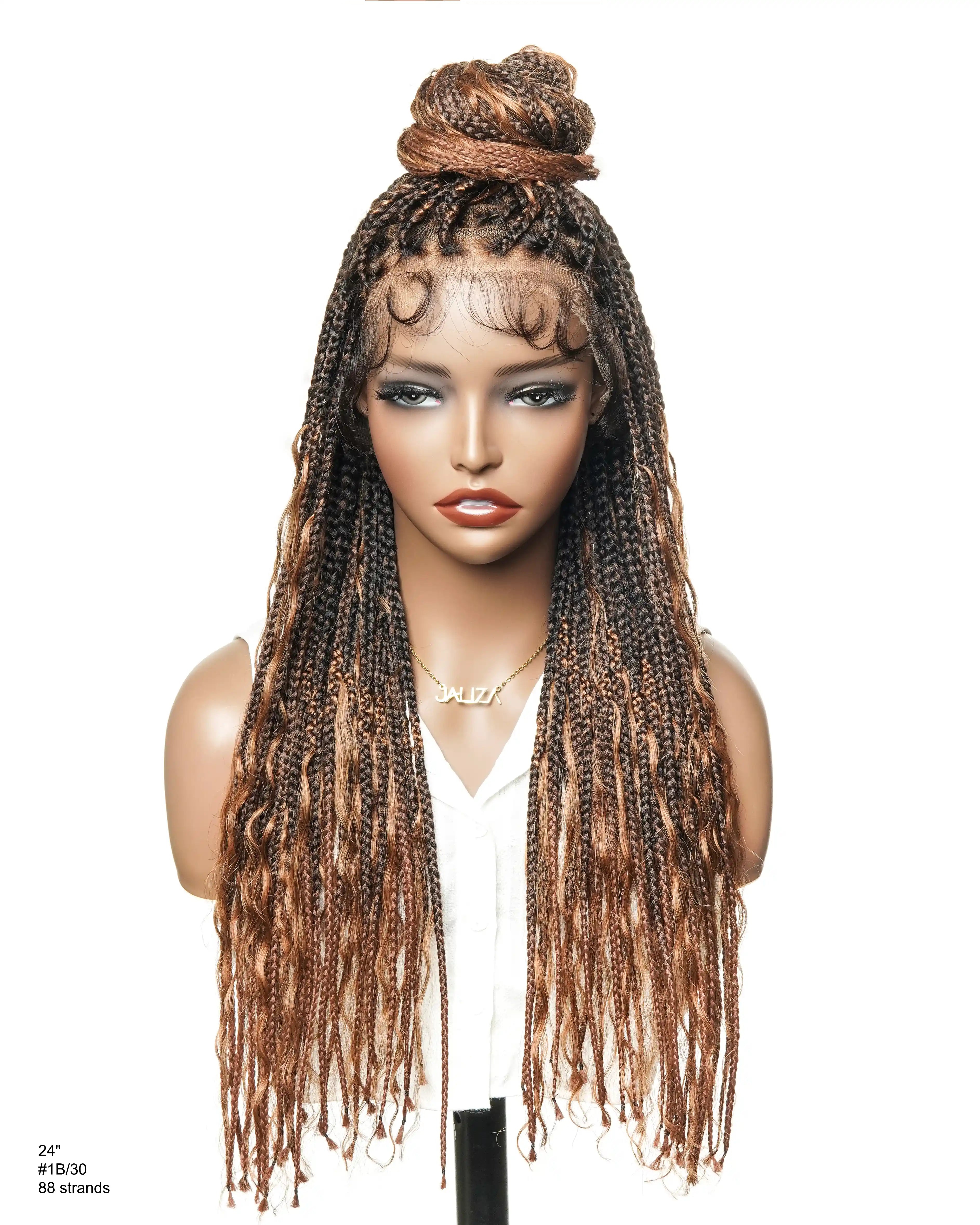 Perruque tressée de type "Boho Box Braided" avec 88 mèches nouées en dentelle, cheveux humains décolorés à l'avance de 24 pouces