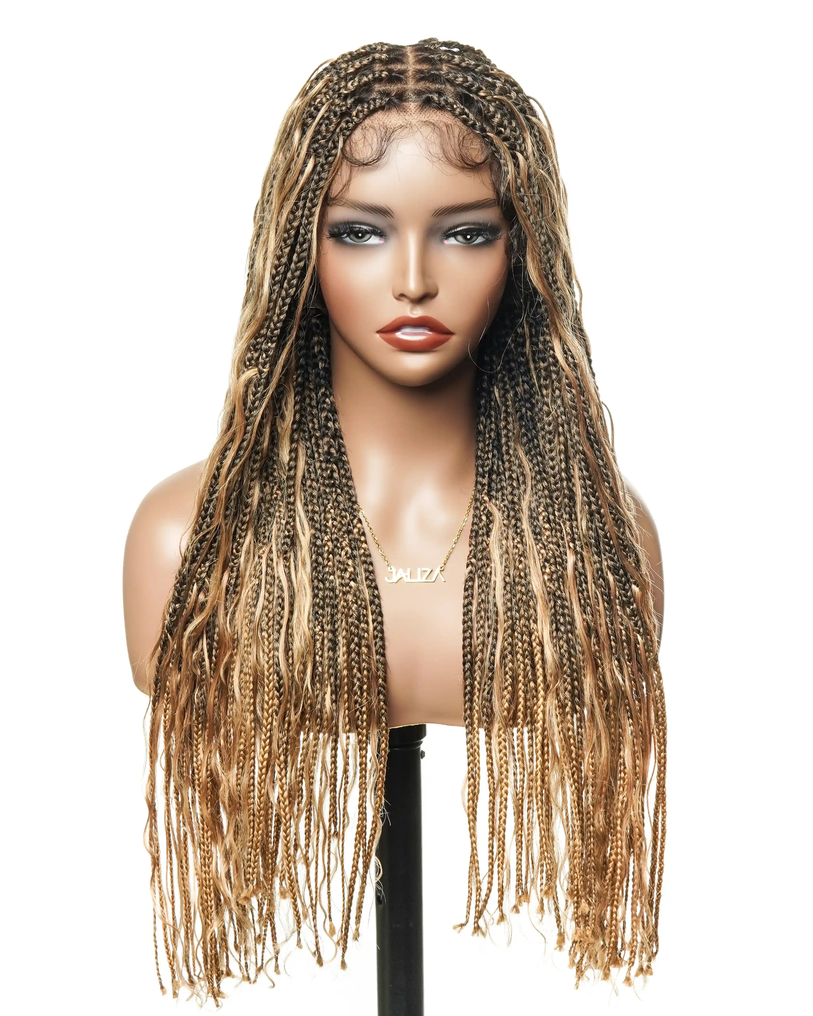 Perruque tressée de type "Boho Box Braided" avec 88 mèches nouées en dentelle, cheveux humains décolorés à l'avance de 24 pouces