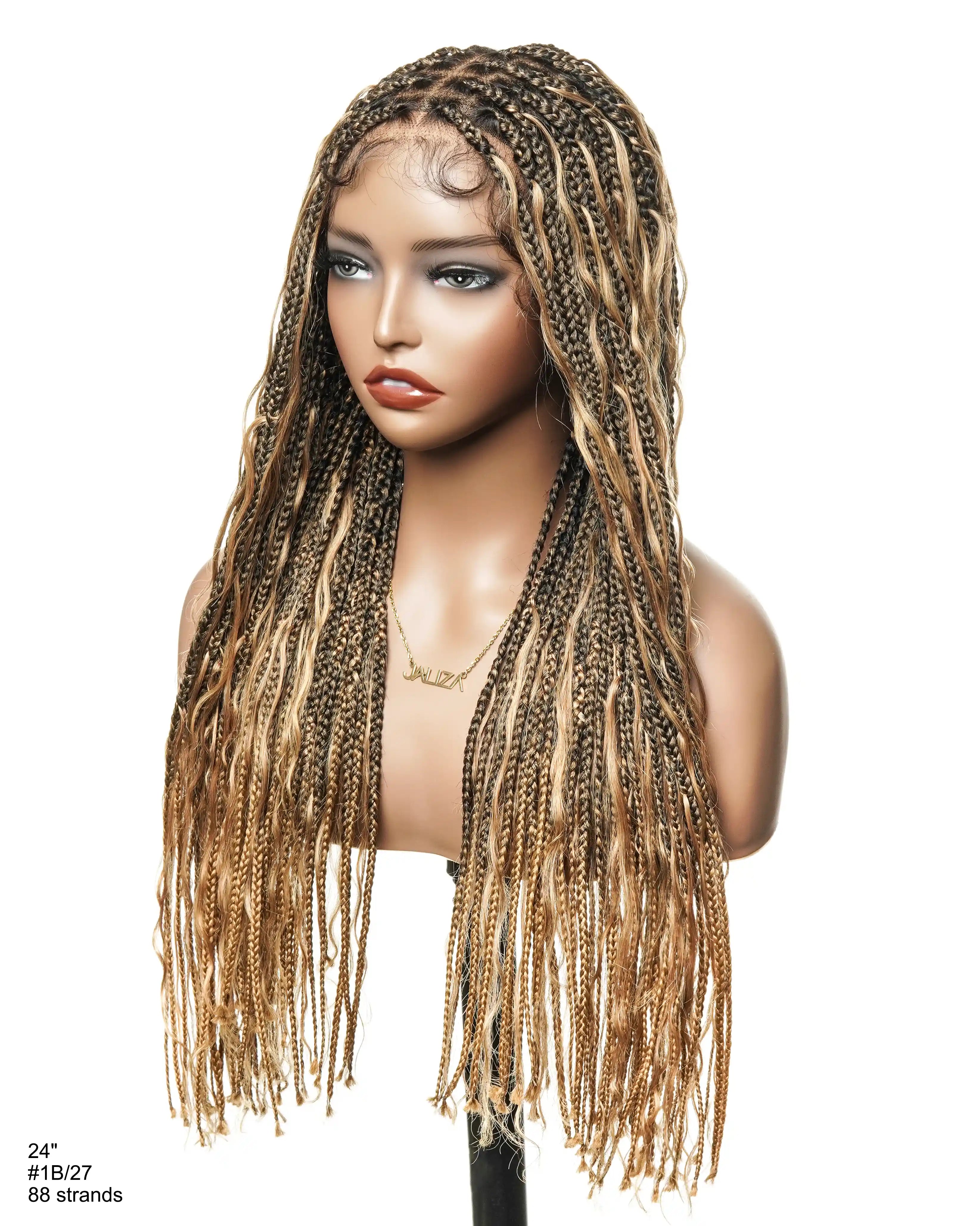 Perruque tressée de type "Boho Box Braided" avec 88 mèches nouées en dentelle, cheveux humains décolorés à l'avance de 24 pouces