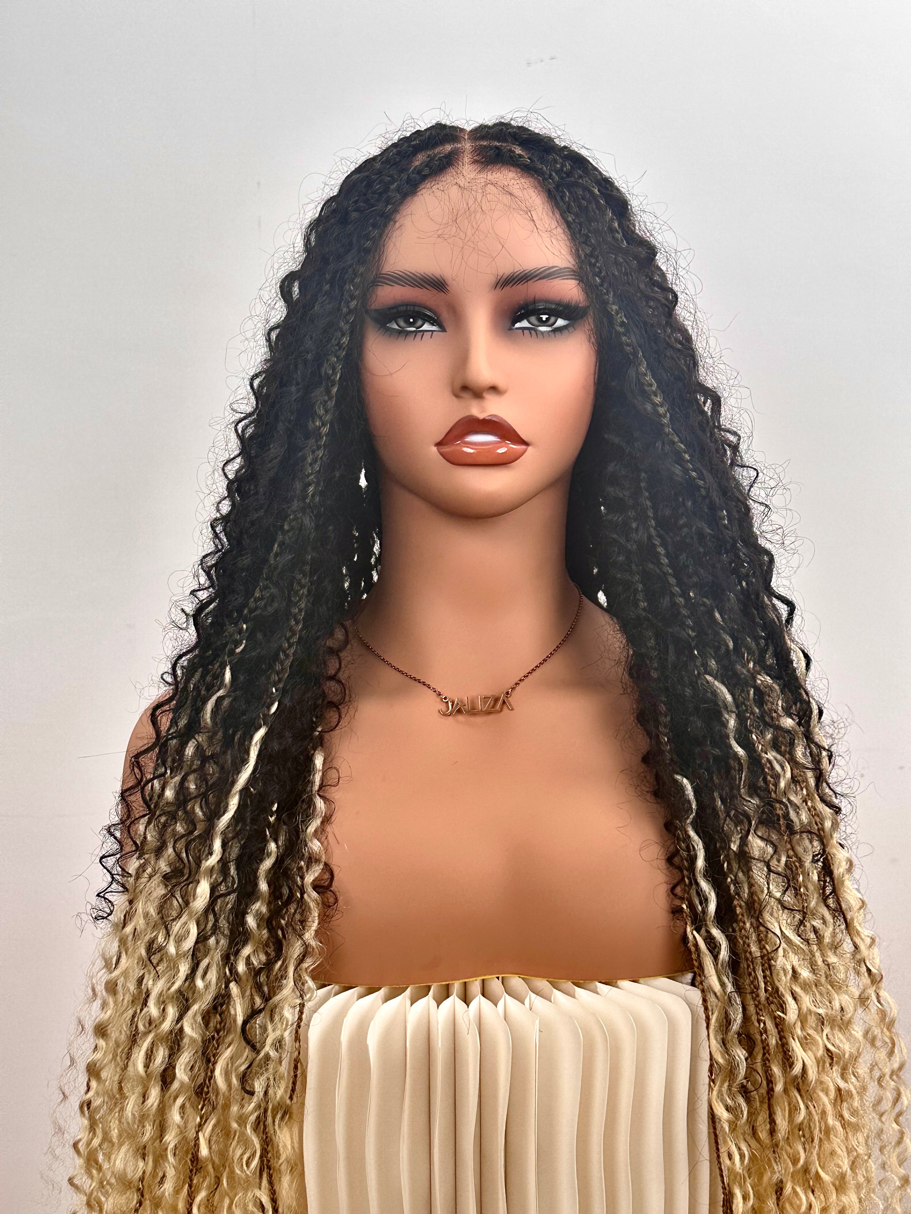 Perruque tressée Diane's 36" avec dentelle, cheveux humains pré-décolorés, style bohème ombré (très volumineuse)