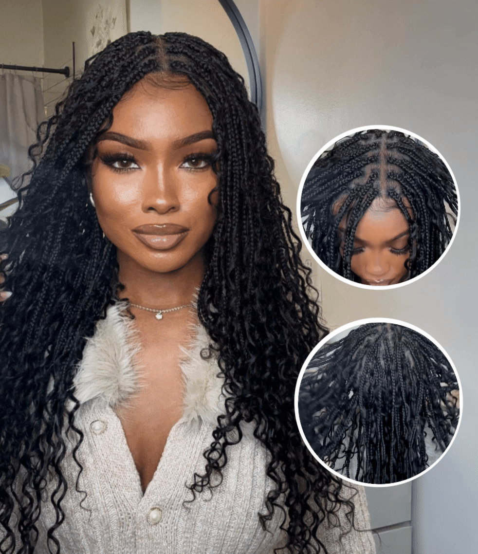 Coco - Perruque tressée de type "boho box braid" sans colle, poivre et sel