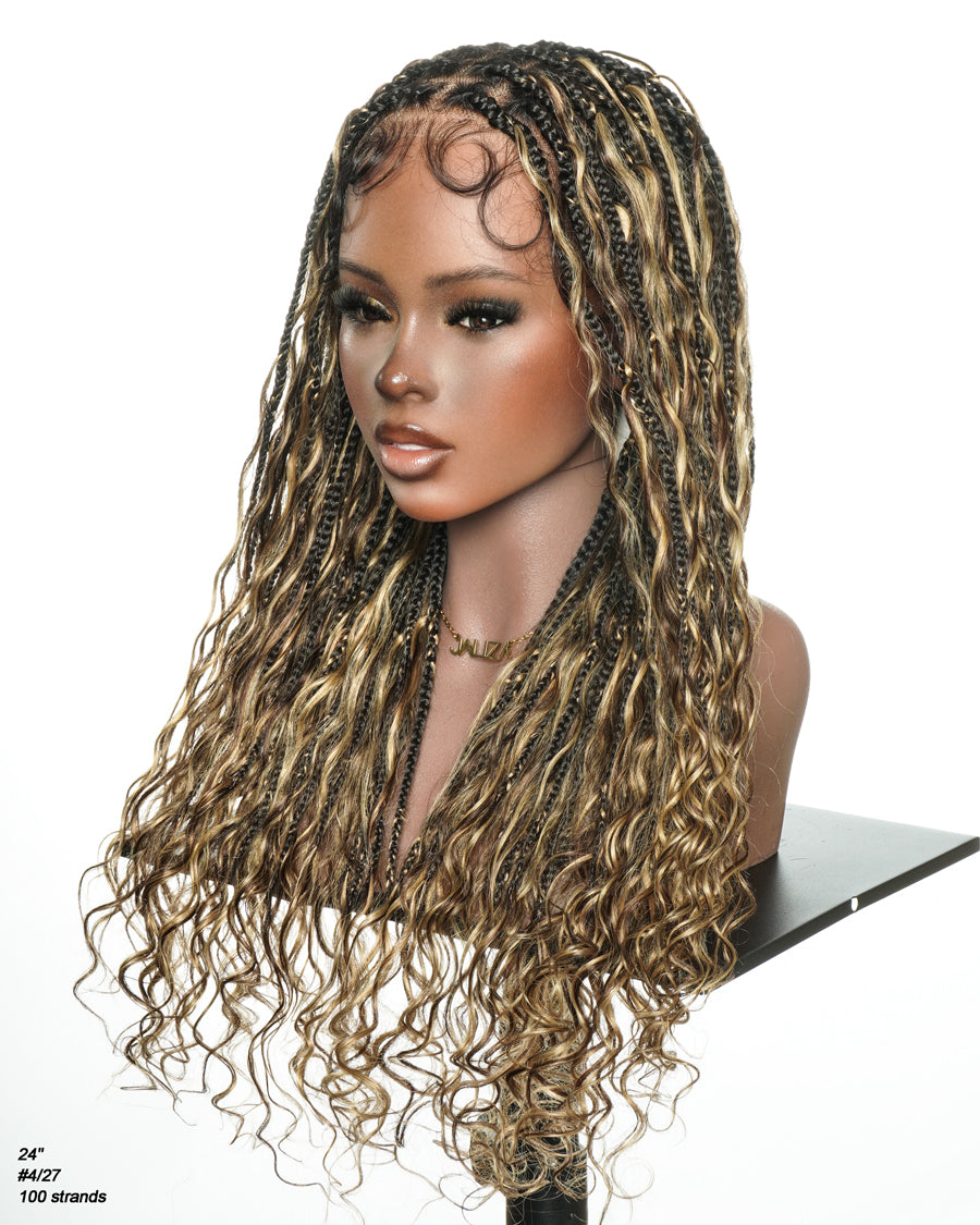 Kiki - Perruque tressée de type Boho, bouclée, en cheveux humains pré-décolorés de 24 pouces, avec base en dentelle suisse HD