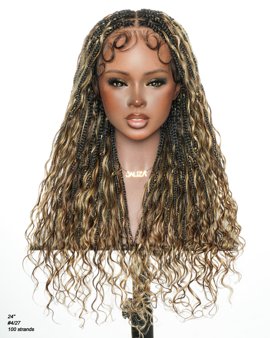 Kiki - Perruque tressée de type Boho, bouclée, en cheveux humains pré-décolorés de 24 pouces, avec base en dentelle suisse HD