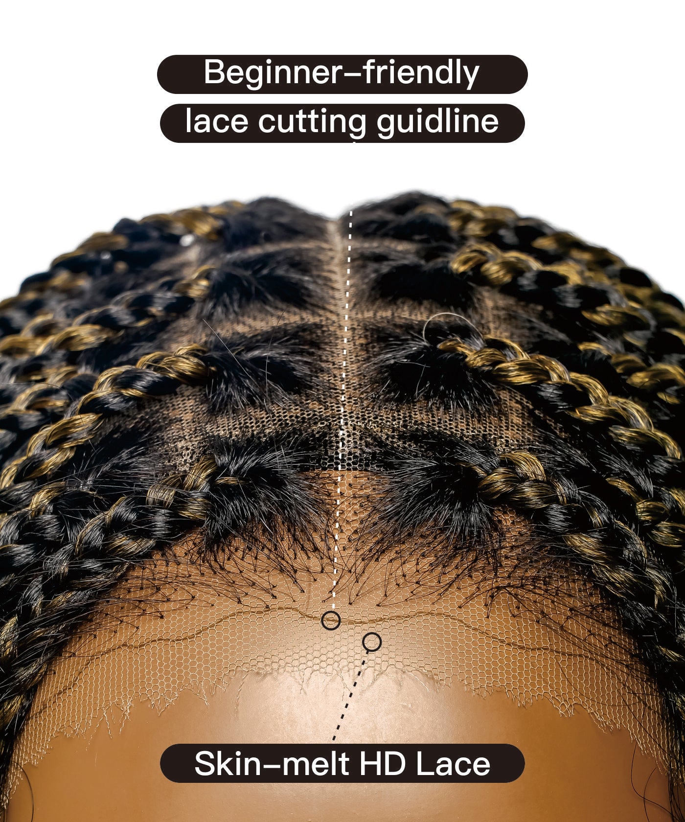 Perruque tressée sans nœuds Boho Curls, cheveux humains sans emmêlement, 32", dentelle HD, 100 mèches - Confort Plus / Dentelle extensible à raccord interne