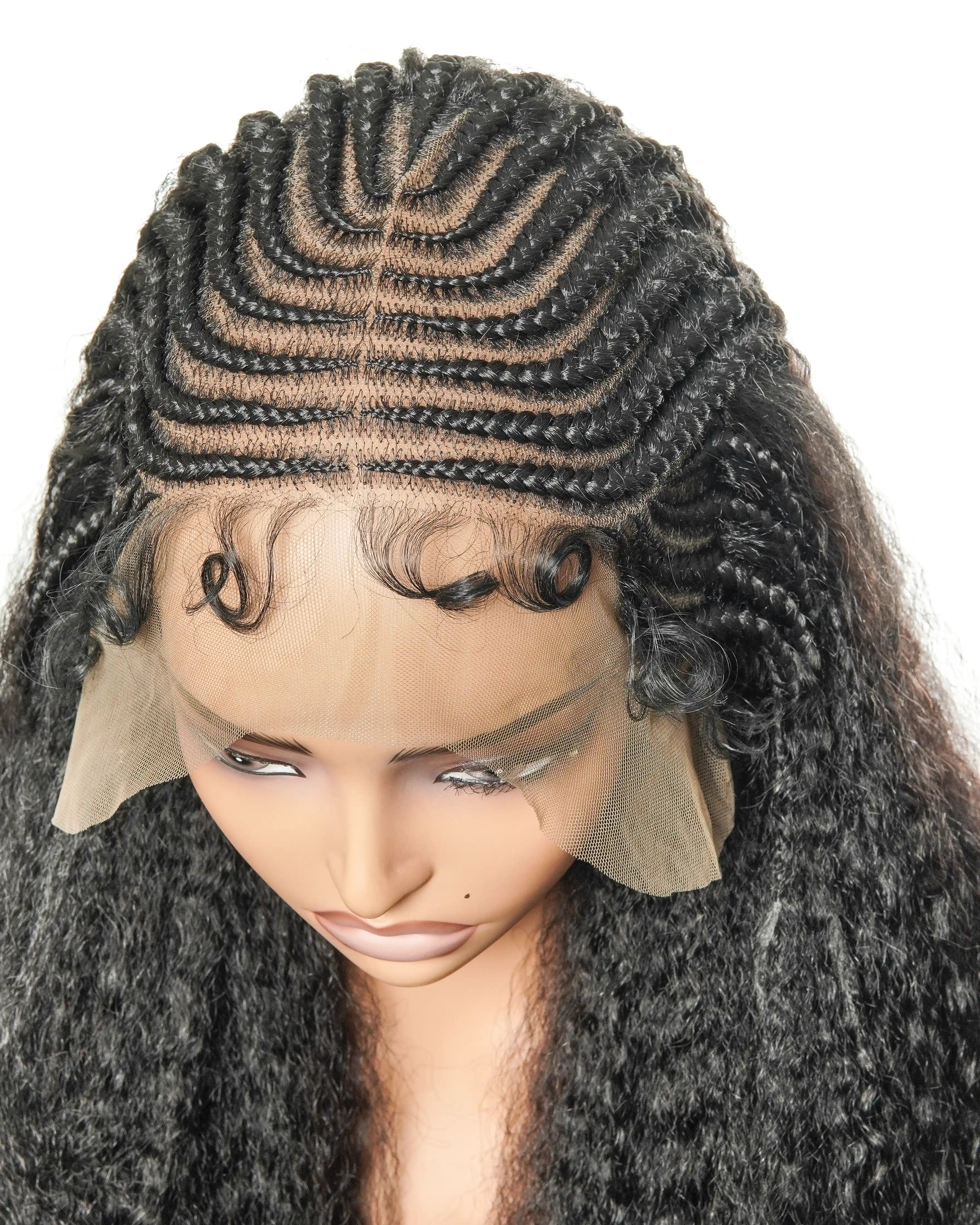 Perruque de 26" avec Couronne Semi-Tressée (Cornrows) Multiple et Cheveux Humains Crépus Extra Volumineux