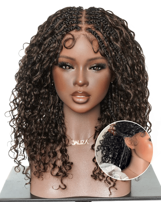 Nami Drawstring Cap Couleur #4 Ondulations naturelles Cheveux humains Bouclés Pré-décolorés Perruque tressée de tresses africaines en boîte bohème sans nœuds avec tulle HD complet