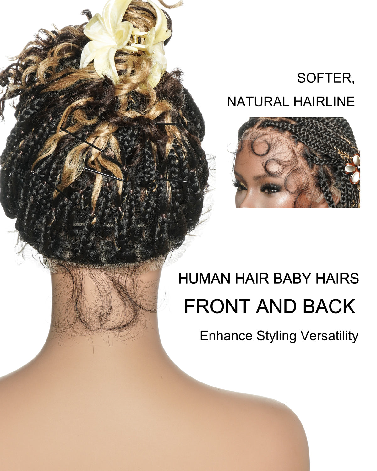 Nina - Perruque tressée sans colle, petite tête, bouts bouclés (bonnet petite taille pour petite tête)