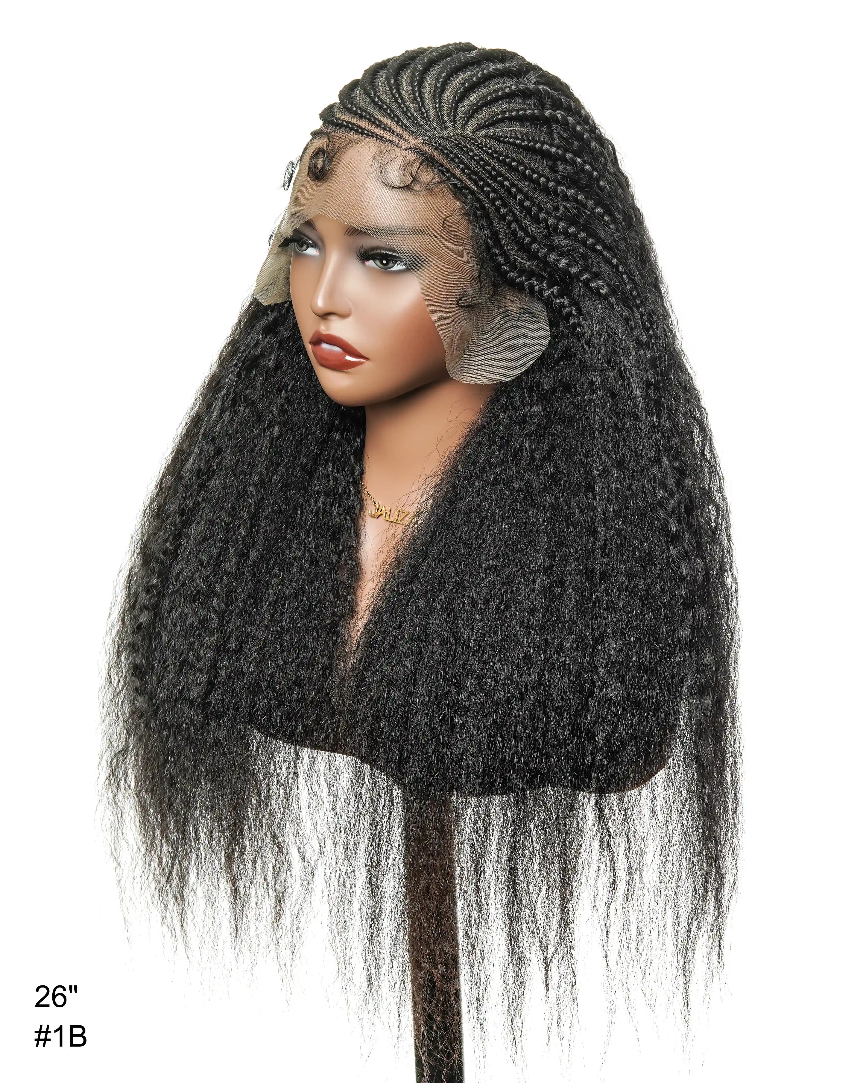 Perruque de 26" avec Couronne Semi-Tressée (Cornrows) Multiple et Cheveux Humains Crépus Extra Volumineux