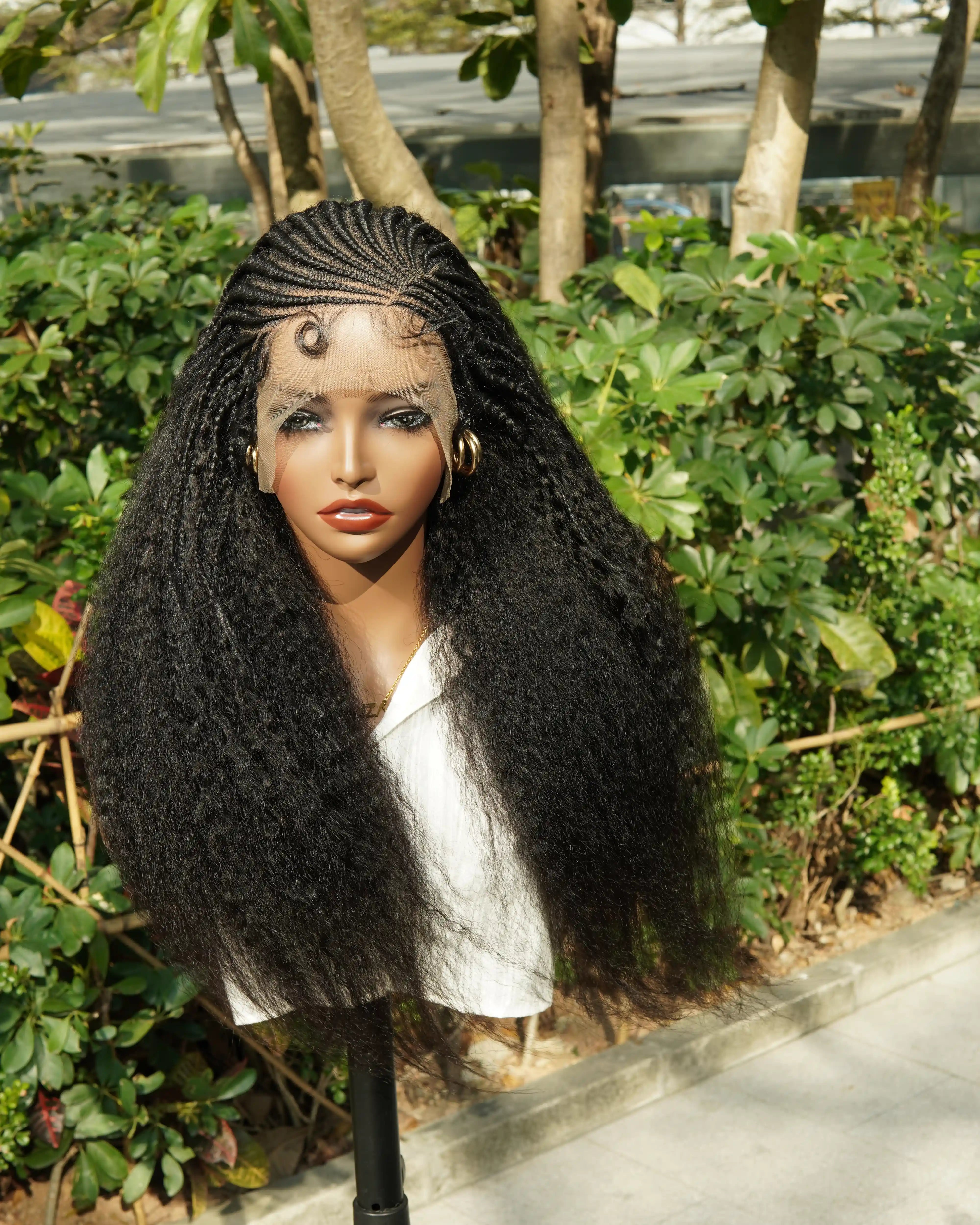 Perruque de 26" avec Couronne Semi-Tressée (Cornrows) Multiple et Cheveux Humains Crépus Extra Volumineux