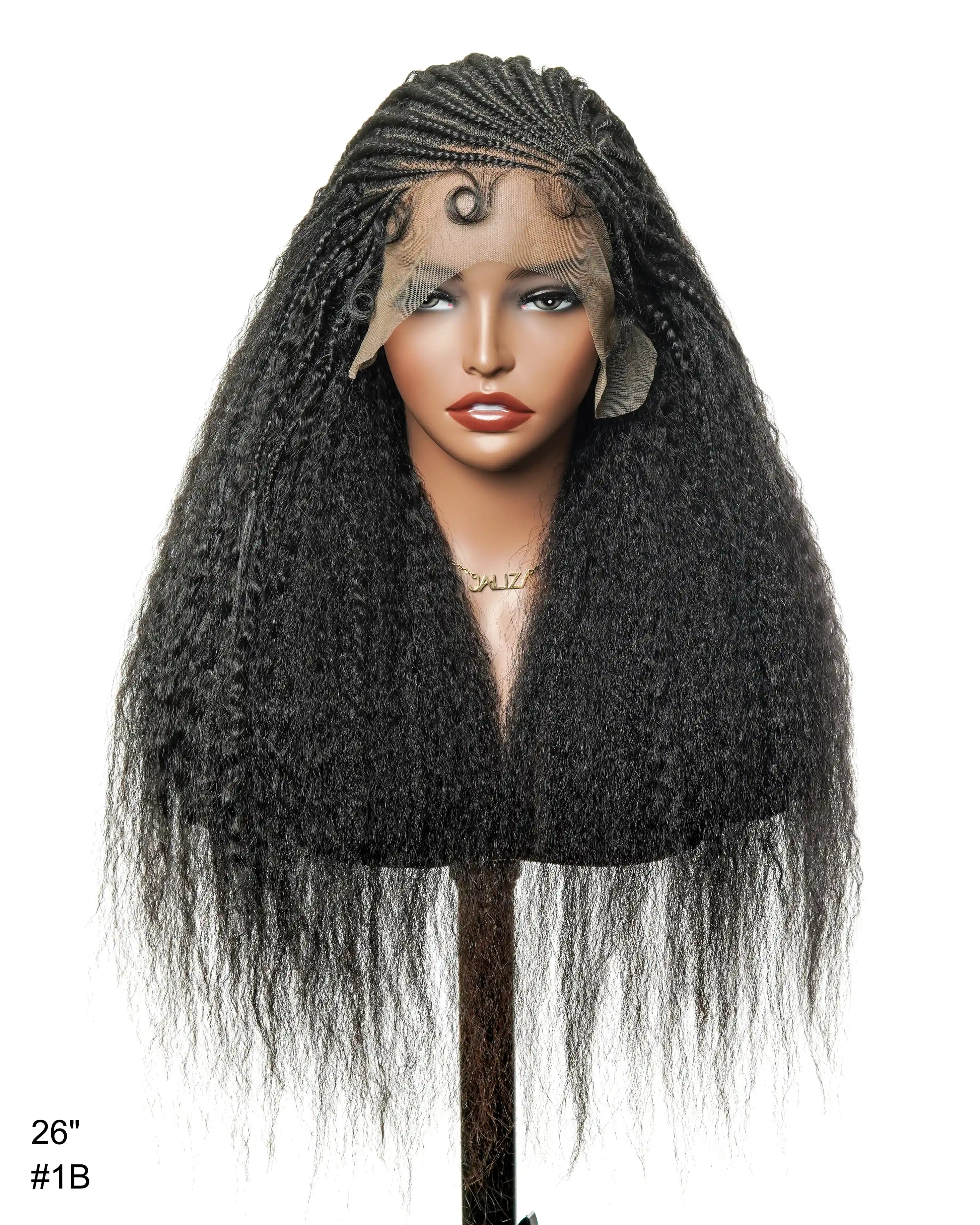 Perruque de 26" avec Couronne Semi-Tressée (Cornrows) Multiple et Cheveux Humains Crépus Extra Volumineux