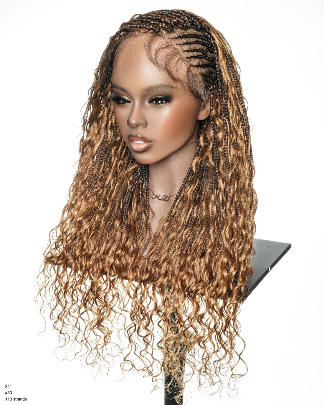 Avery Fulani Cheveux Humains Perruque Sans Colle Lace Suisse HD Tressée en Cornrows Devant Tresses Boîte Bohème Ondulées 60 cm