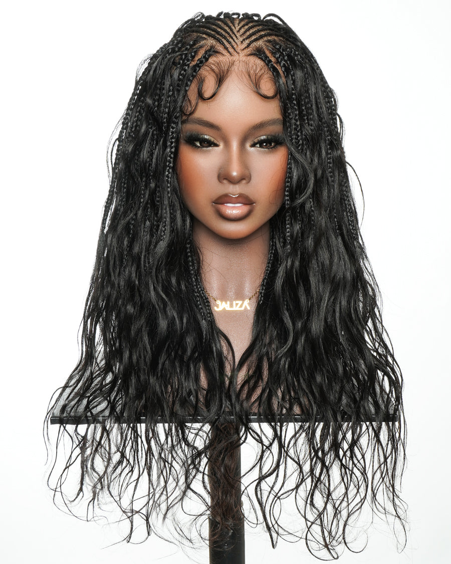 Avery - Perruque tressée de 24 pouces avec tresses Fulani Body Wave en cheveux humains et tresses cornrow style bohème