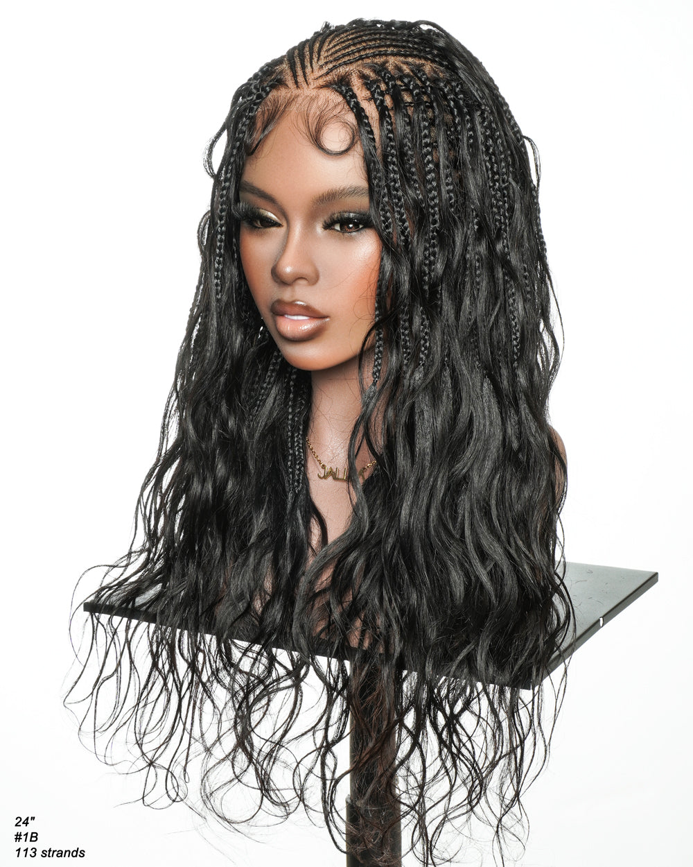 Avery - Perruque tressée de 24 pouces avec tresses Fulani Body Wave en cheveux humains et tresses cornrow style bohème