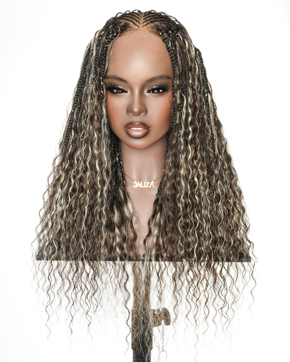 Avery - Perruque Tressée Complète en Cheveux Humains Pré-décolorés en 2 Étapes, Modèle Cornrows, avec Boucles Boho