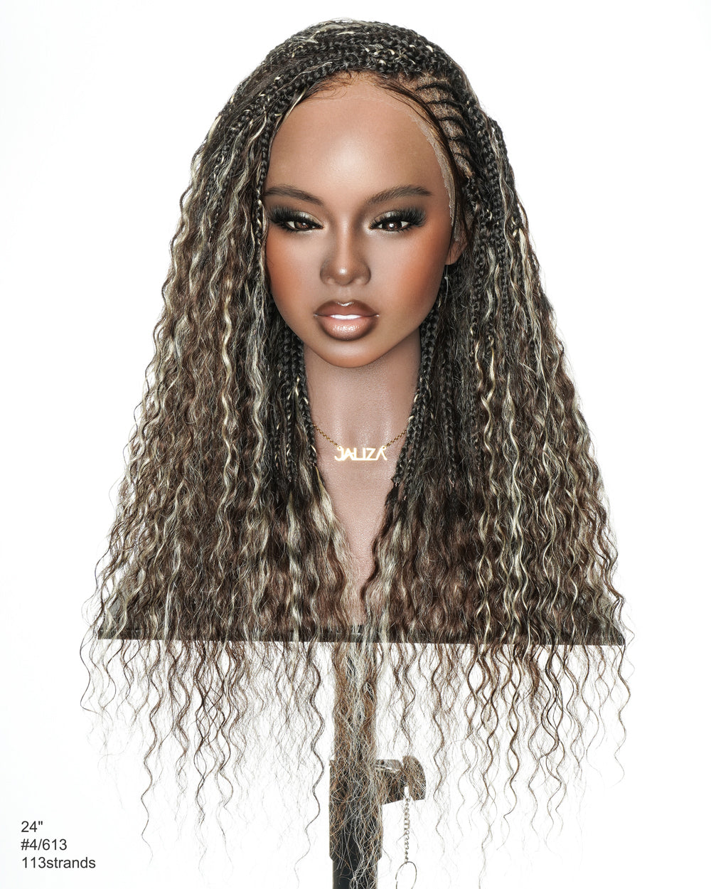 Avery - Perruque Tressée Complète en Cheveux Humains Pré-décolorés en 2 Étapes, Modèle Cornrows, avec Boucles Boho