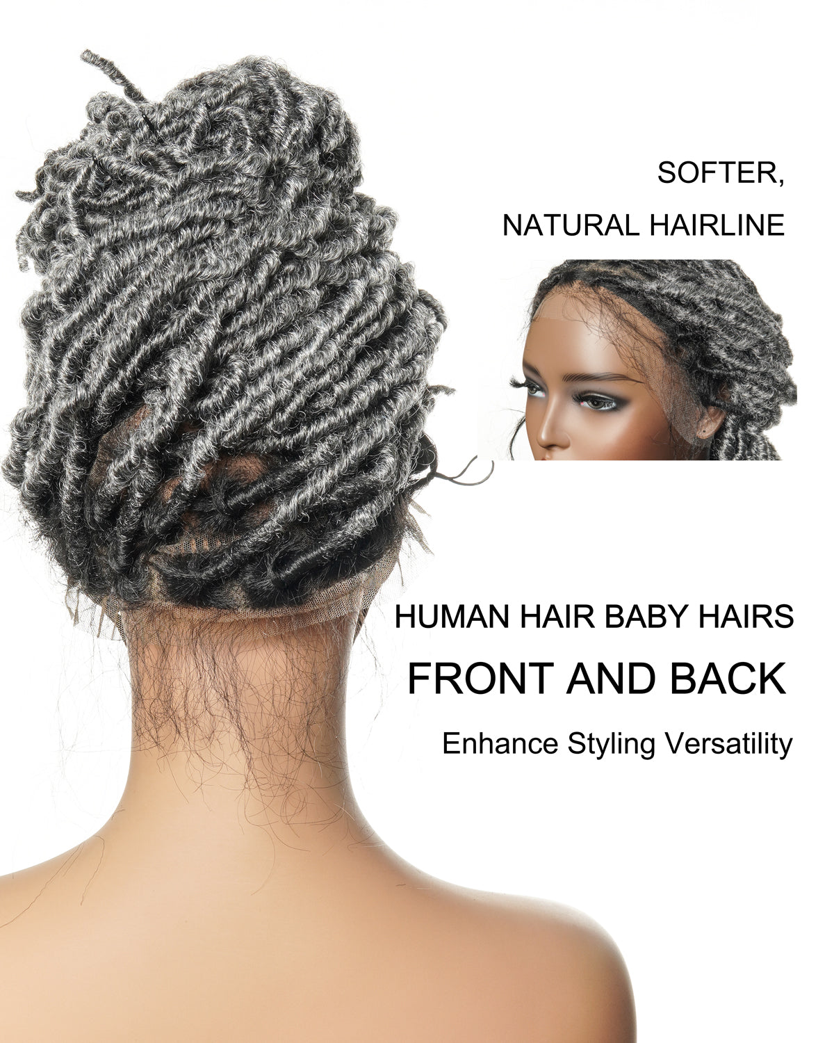 Perruque à lacets complète HD Locs sans nœuds poivre et sel de 24 pouces de qualité salon avec racines plates
