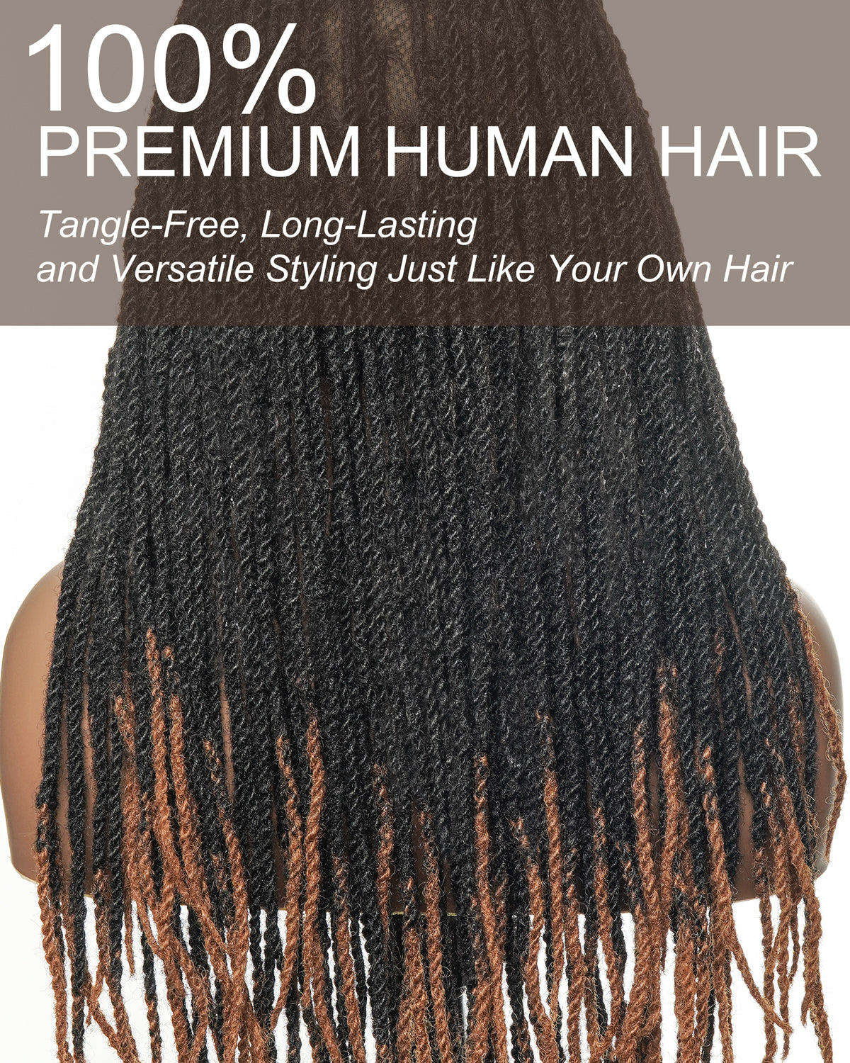 Perruque de 24" en cheveux 100% humains, avec tresses et dreadlocks, lace frontale HD