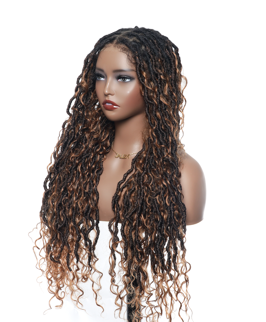 Perruque de Locs Boho sans nœuds en cheveux humains naturels avec boucles Boho et dentelle suisse HD, qualité salon