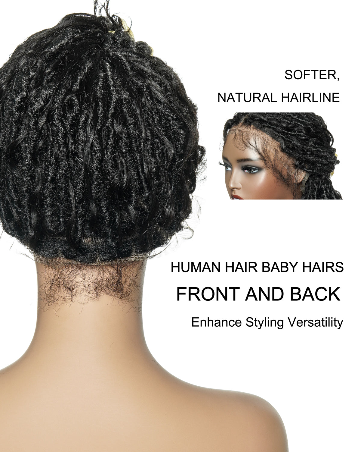 Lola - Perruque Boho Locs suisse HD pré-blanchie de 16 po avec boucles Boho en cheveux naturels
