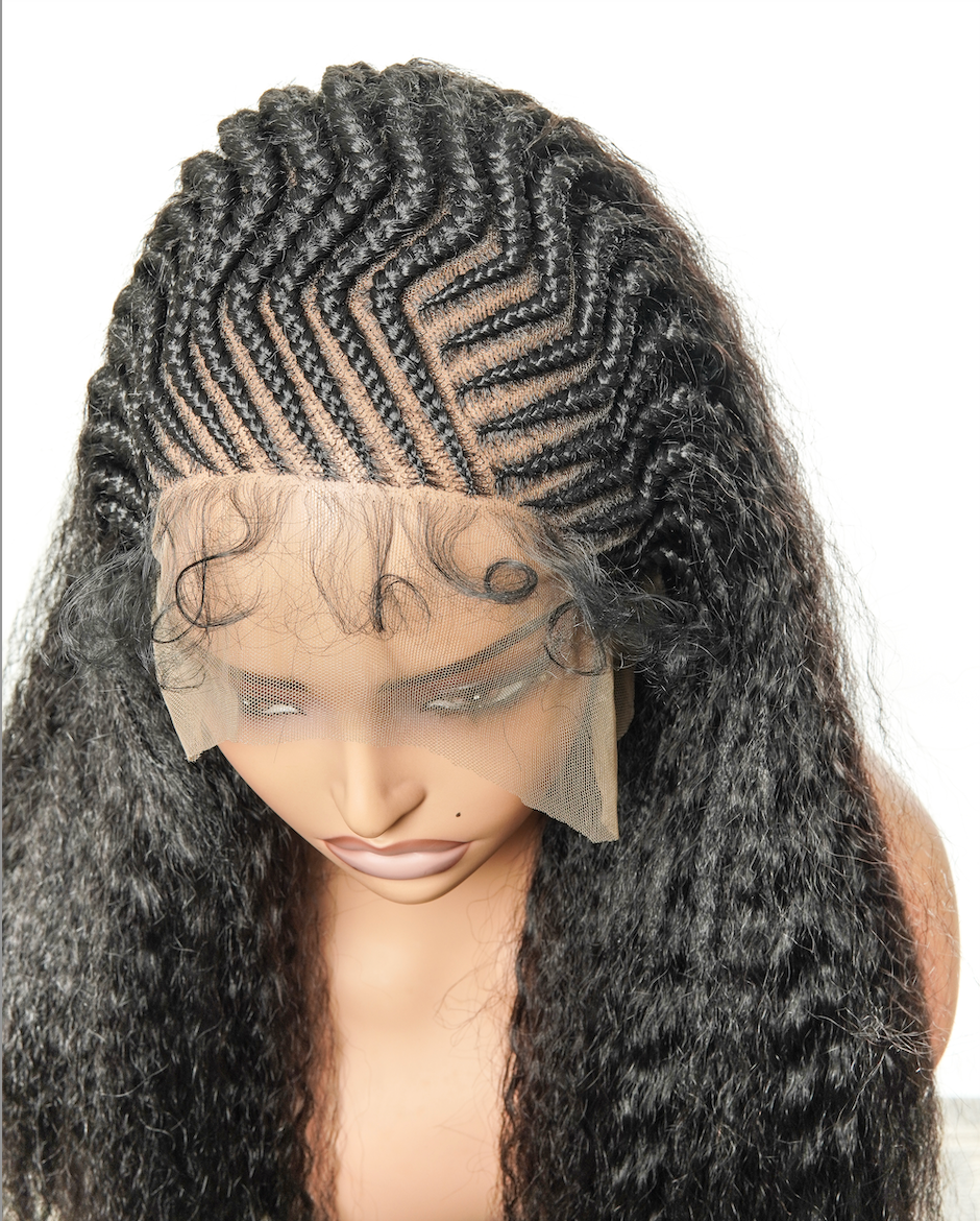 Perruque de 26" avec Couronne Semi-Tressée (Cornrows) Multiple et Cheveux Humains Crépus Extra Volumineux
