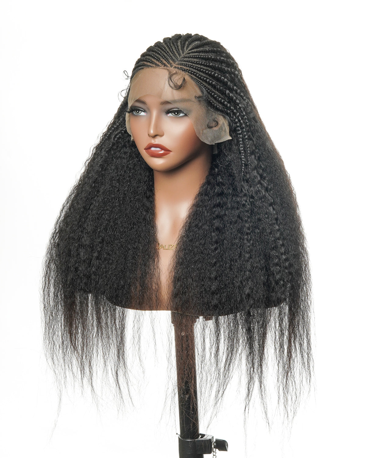 Perruque de 26" avec Couronne Semi-Tressée (Cornrows) Multiple et Cheveux Humains Crépus Extra Volumineux
