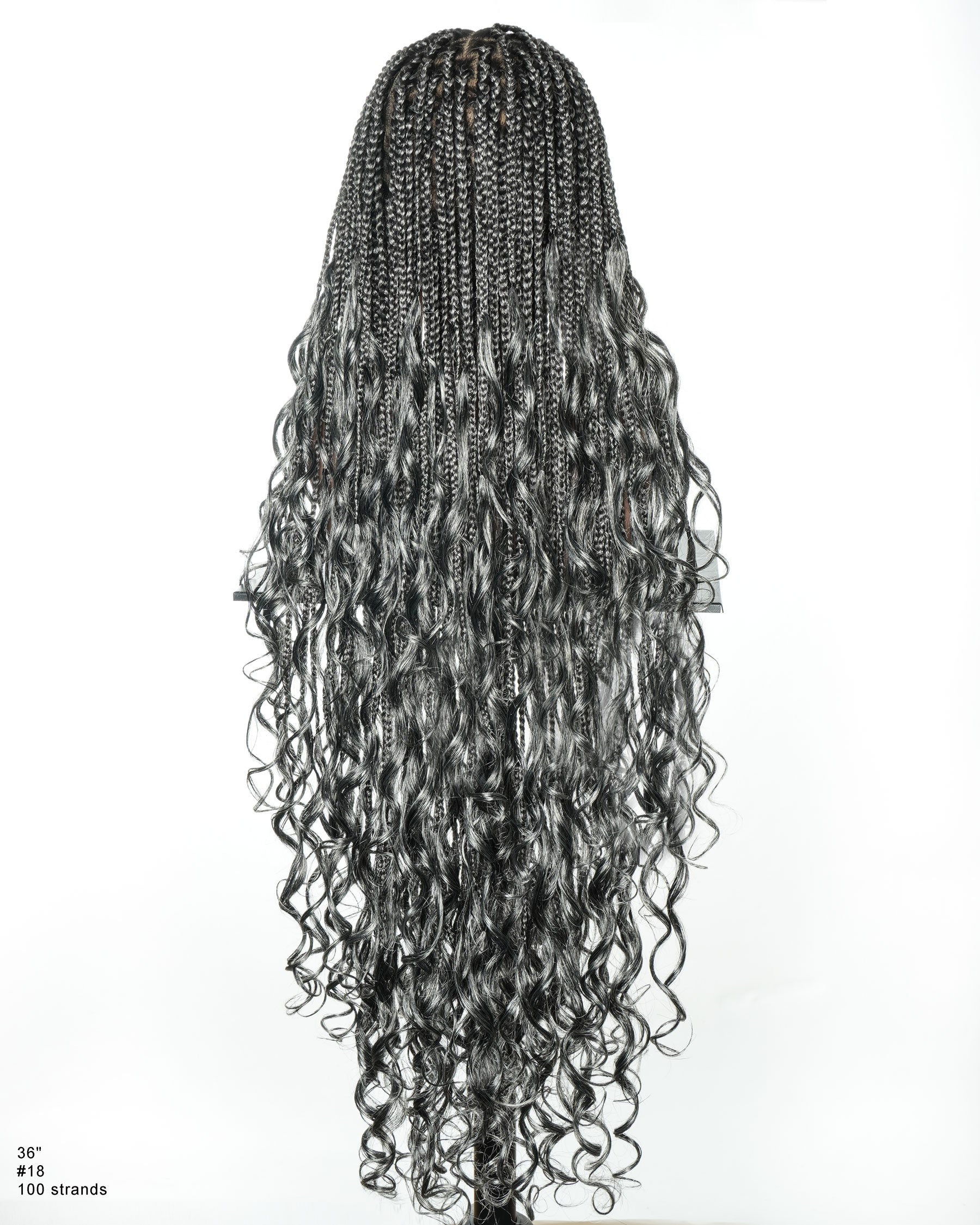 Perruque Tressée Boîte Sans Nœuds en Cheveux Humains Bouclés Français, Mélange Sel et Poivre, 36"