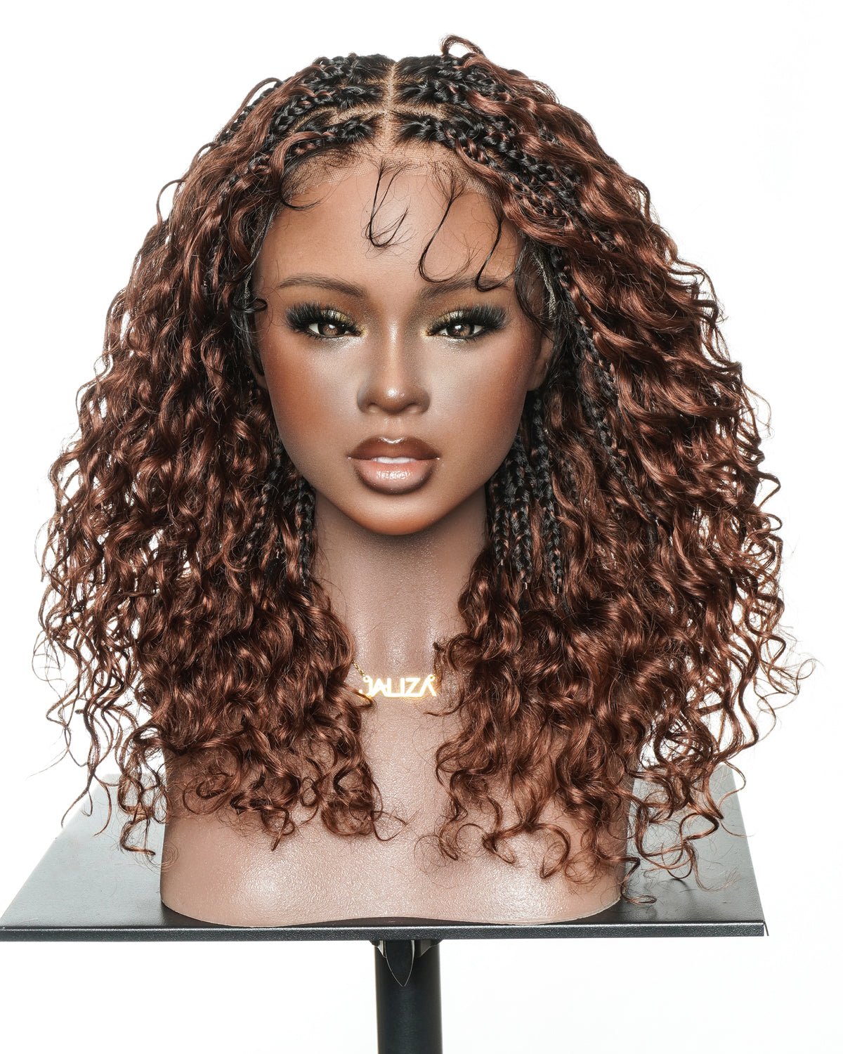 Kiki - Perruque sans colle avec tresses bohèmes bouclées en cheveux humains, couleur #33 Auburn Foncé, 40cm