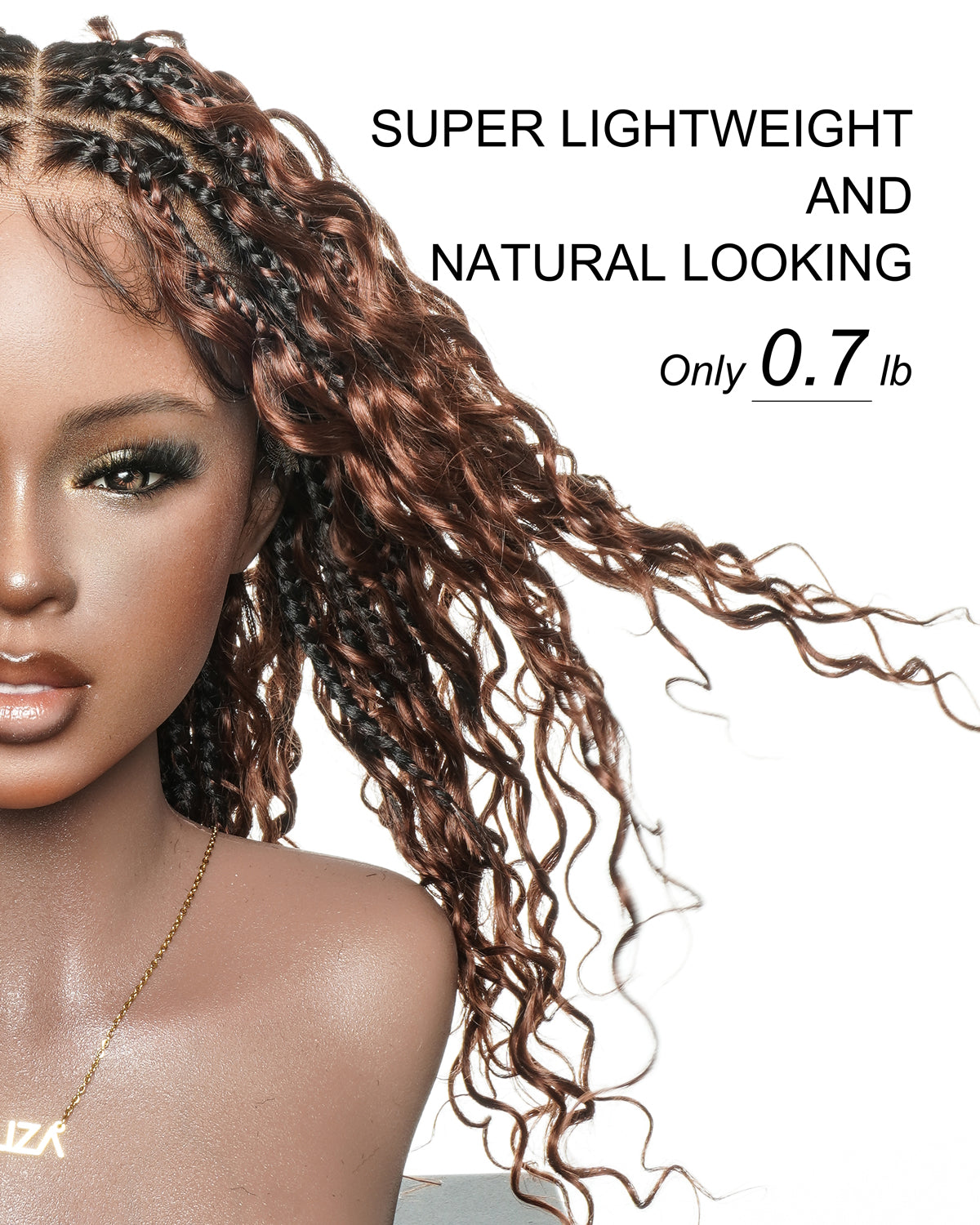 Kiki - Perruque sans colle avec tresses bohèmes bouclées en cheveux humains, couleur #33 Auburn Foncé, 40cm