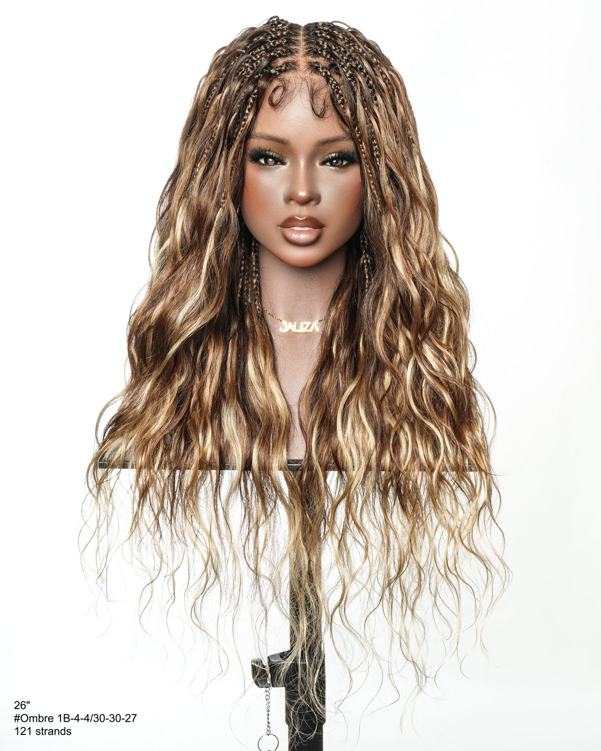 Faithfully Asia Design - Perruque sans colle tressée "Bora Bora Boho Box" ondulée de 26" couleur balayage 4-30-27