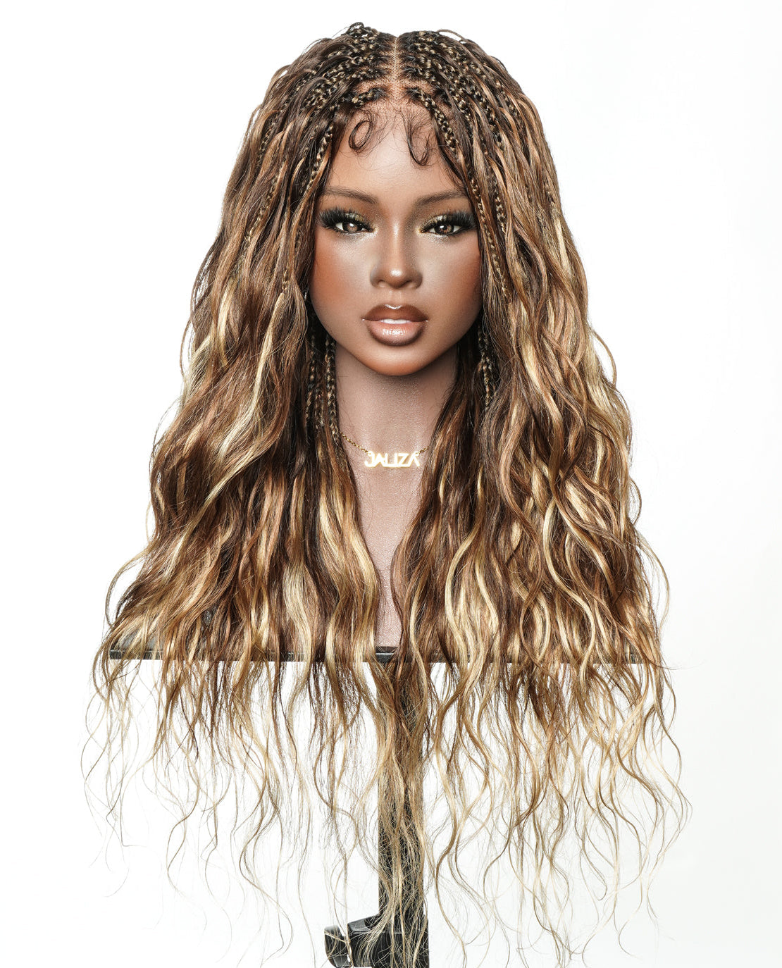 Faithfully Asia Design - Perruque sans colle tressée "Bora Bora Boho Box" ondulée de 26" couleur balayage 4-30-27