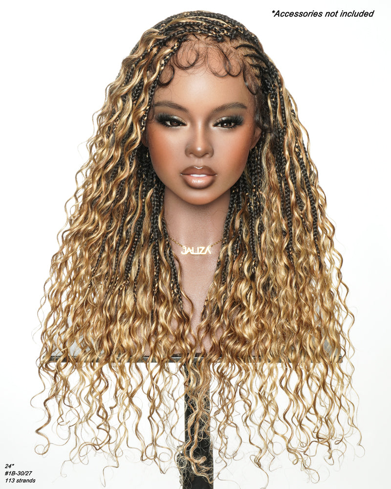 Avery Fulani Cheveux Humains Perruque Sans Colle Lace Suisse HD Tressée en Cornrows Devant Tresses Boîte Bohème Ondulées 60 cm